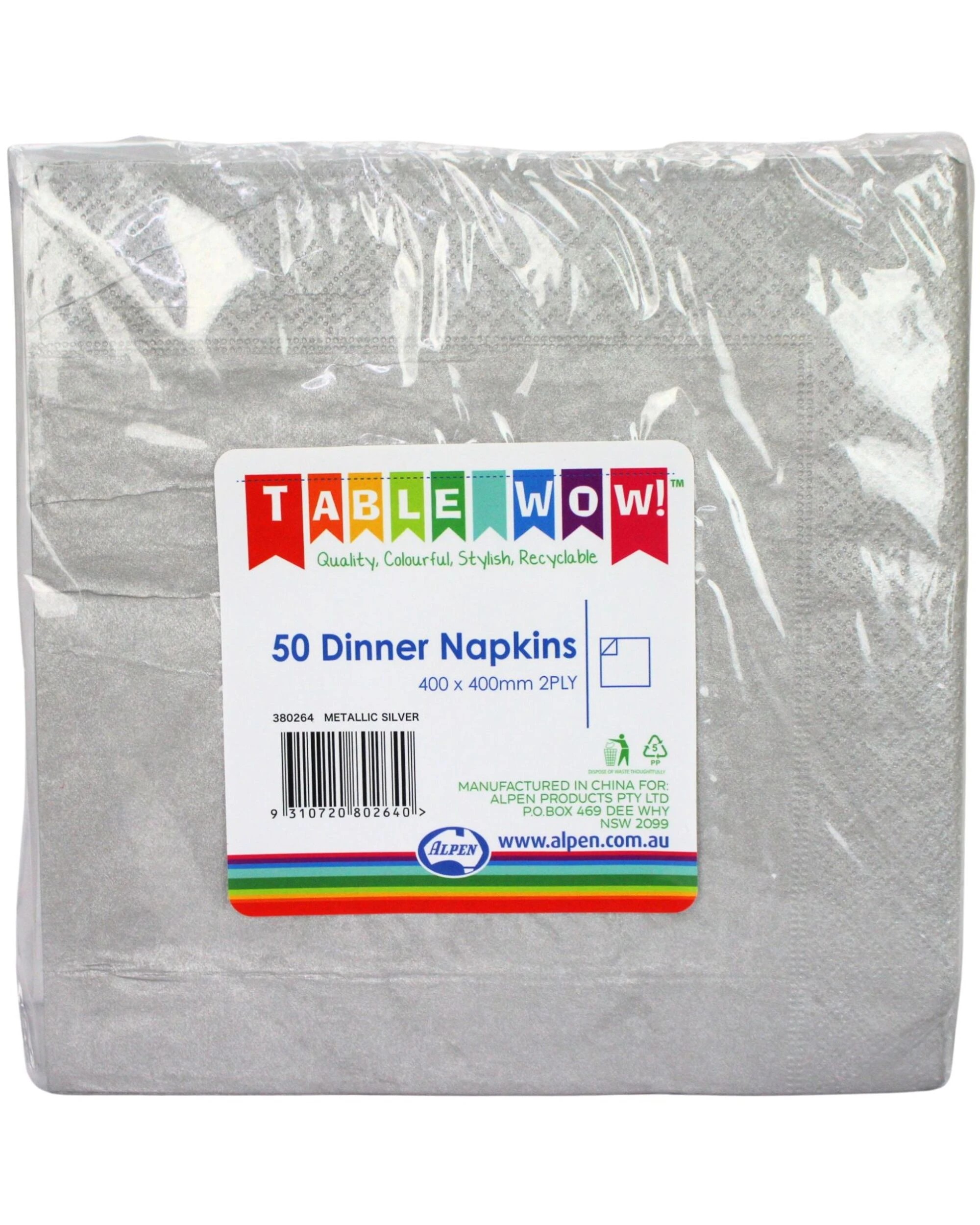 2 Alpen Metallic Dinner Napkins Serviettes Pack of 50 - Silver, 2 of 2