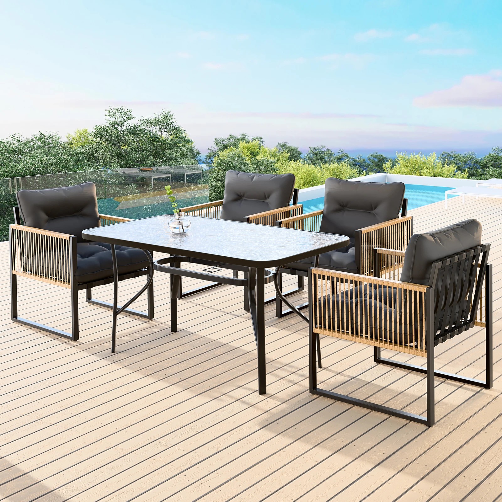 2 Alfordson Outdoor Furniture Setting Patio Dining Table Chair Set Wicker Glass - Black Grey, 2 of 10