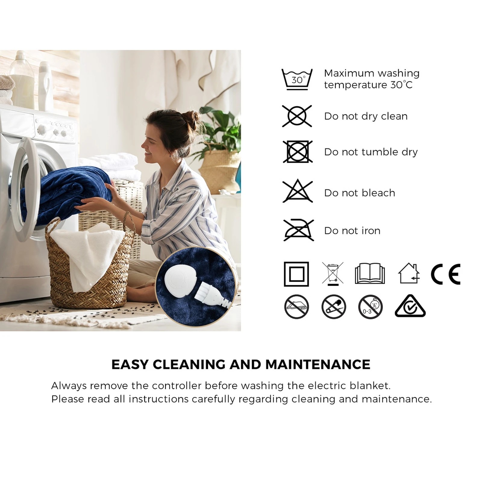 8 Bedra Bedding Electric Throw Rug Washable Heated Blanket Flannel Fleece Winter Warm - Single Bed - Blue, 8 of 10
