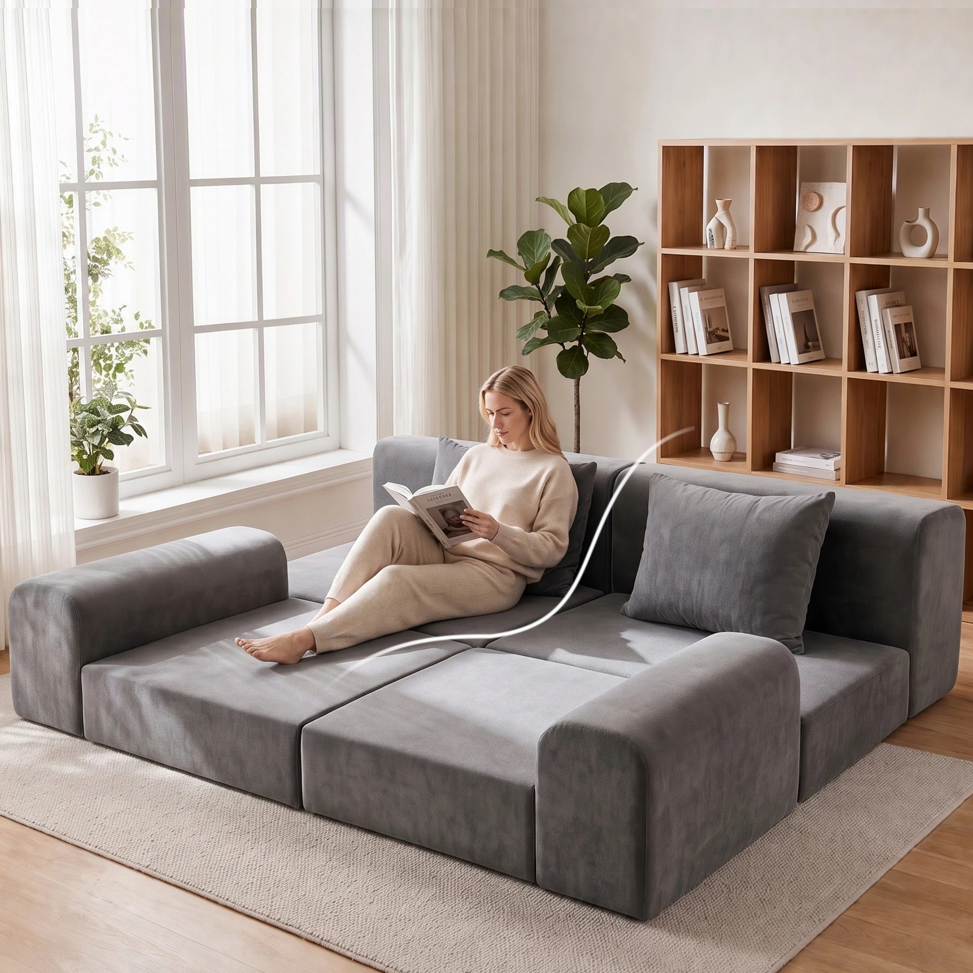 5 Artiss 5-in-1 Convertible Sofa Bed Floor Mattress Modular Boneless Curved Couch - Grey, 5 of 10