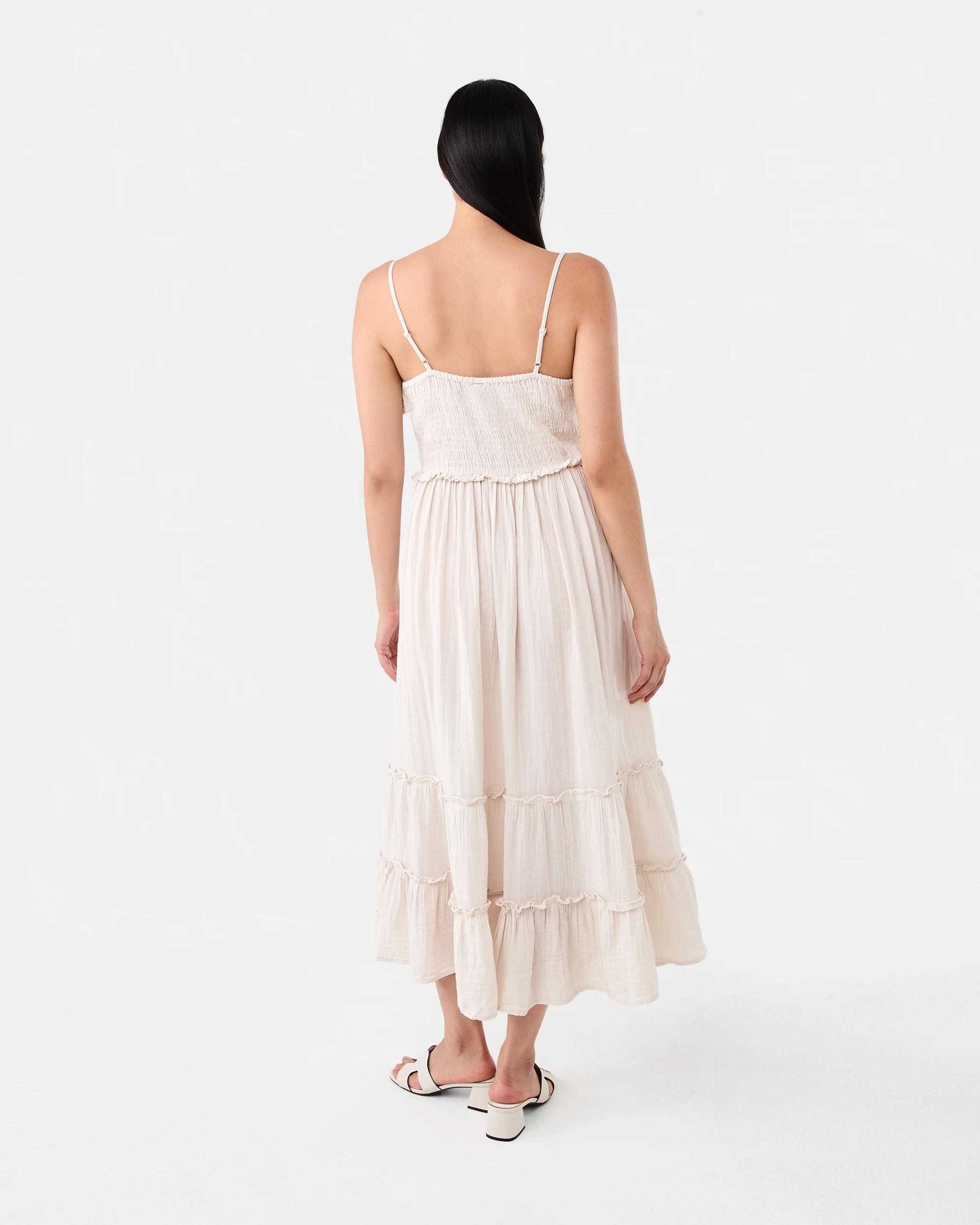 3 Sleeveless Double Cloth Frill Midi Dress Nat Beige, 3 of 7