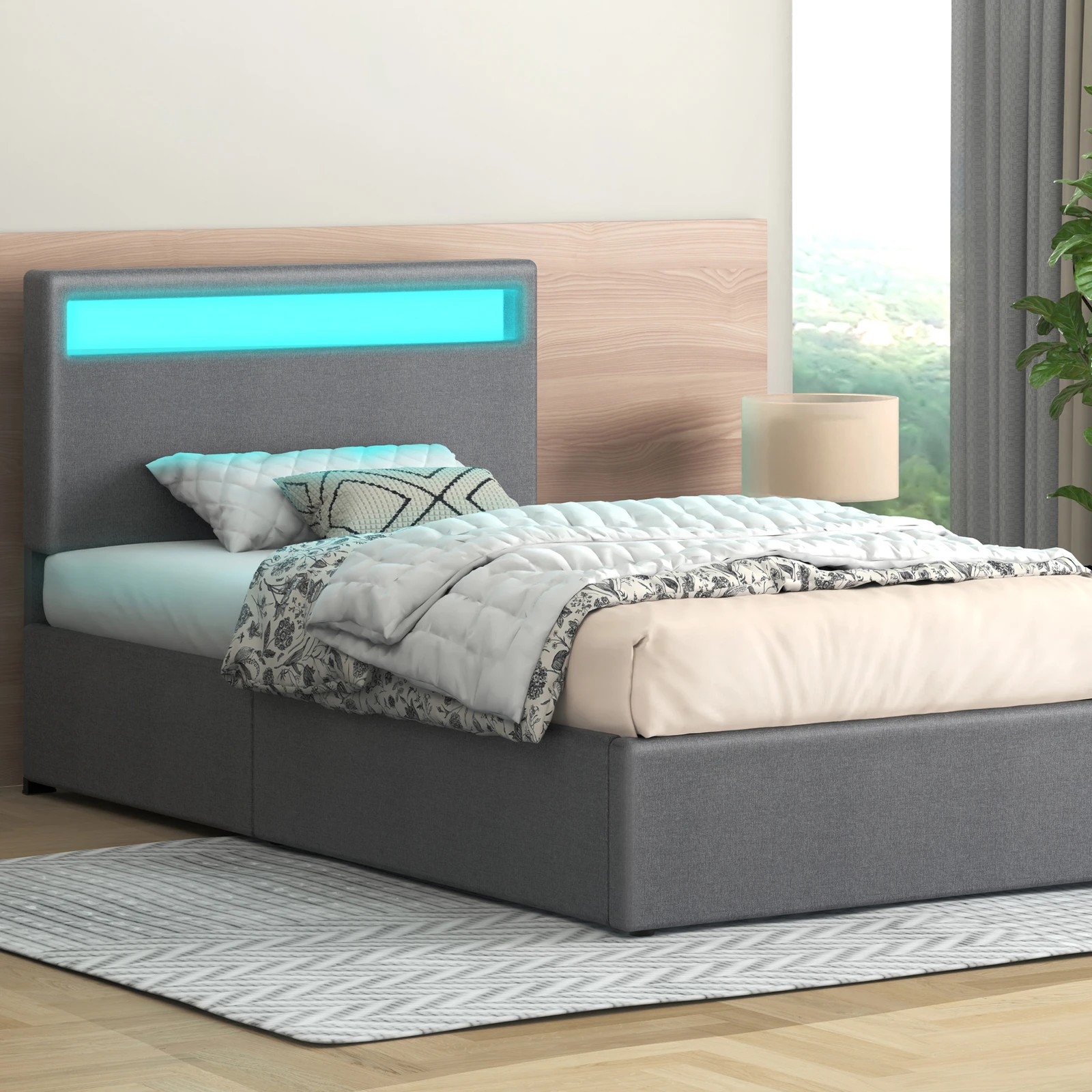 2 Alfordson Bed Frame Single Size RGB LED Gas Lift Storage Base Luchino - Grey, 2 of 10