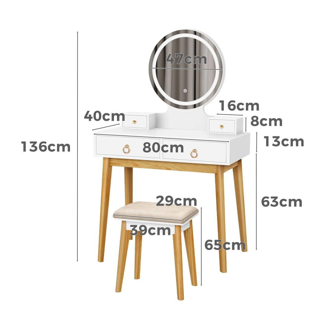 9 Alfordson Dressing Table Stool Set Makeup Mirror Vanity Desk LED Light - White, 9 of 10