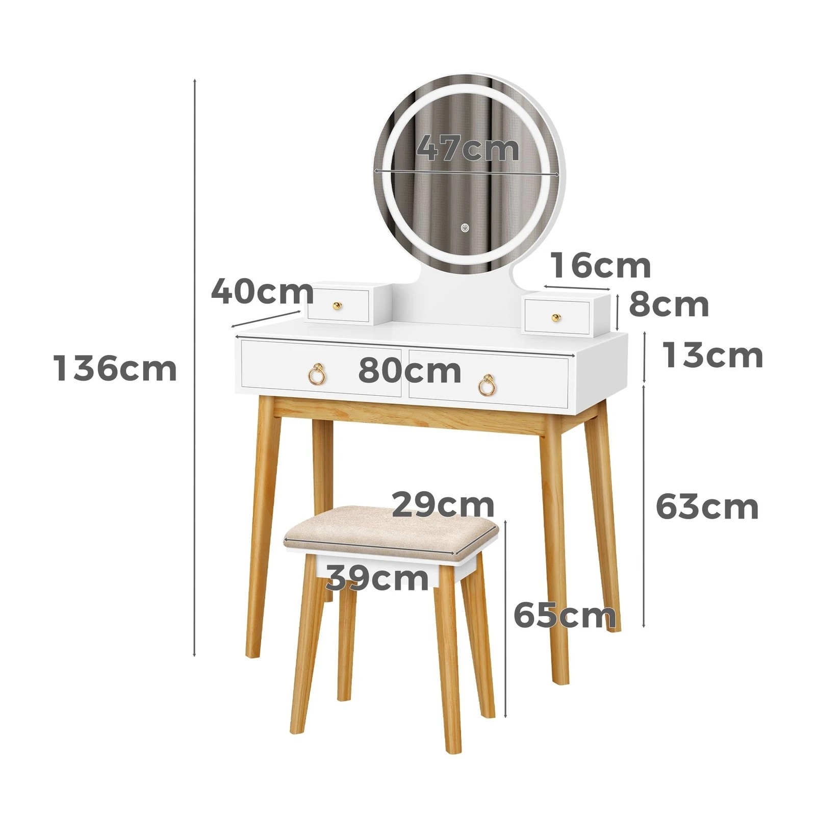 9 Alfordson Dressing Table Stool Set Makeup Mirror Vanity Desk LED Light - White, 9 of 10