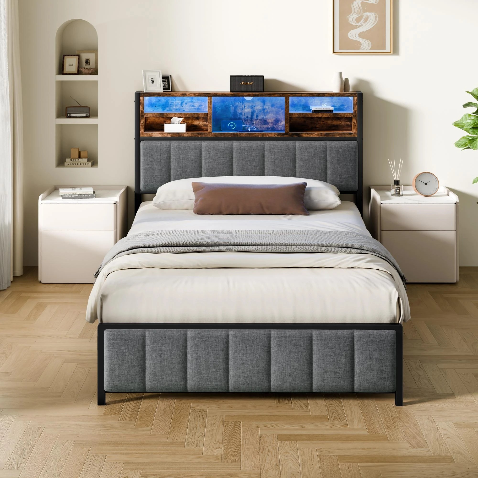 4 Alfordson Bed Frame King Single LED Charging Station Linen - Grey, 4 of 10