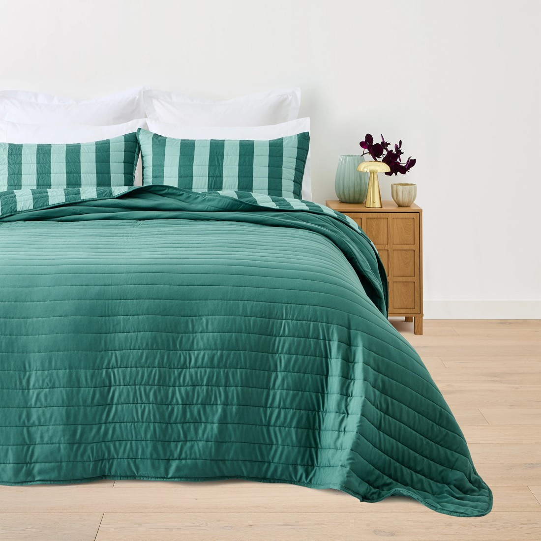 2 Reversible Stripe Coverlet Set - Queen/King Bed, Teal, 2 of 9
