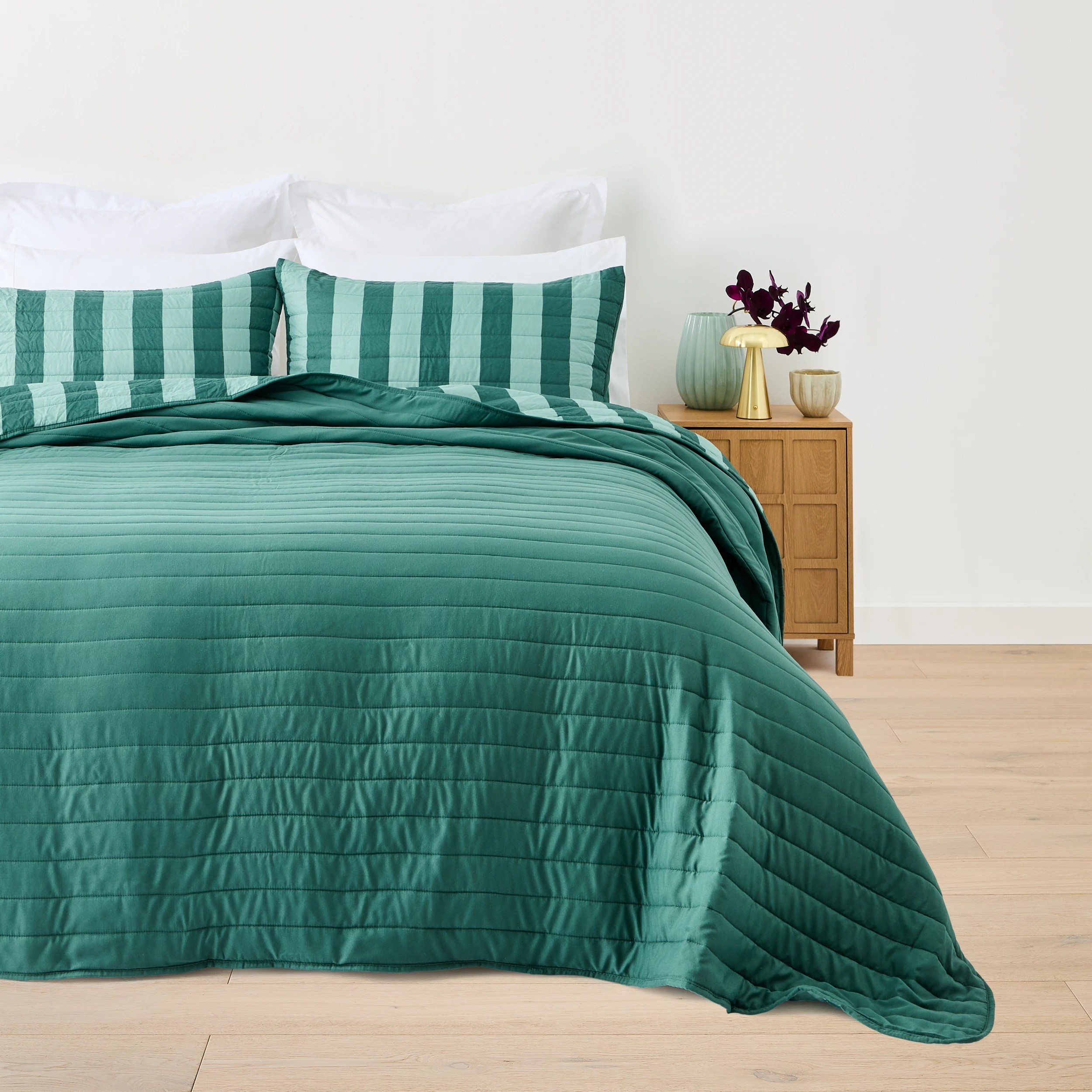 2 Reversible Stripe Coverlet Set - Queen/King Bed, Teal, 2 of 9