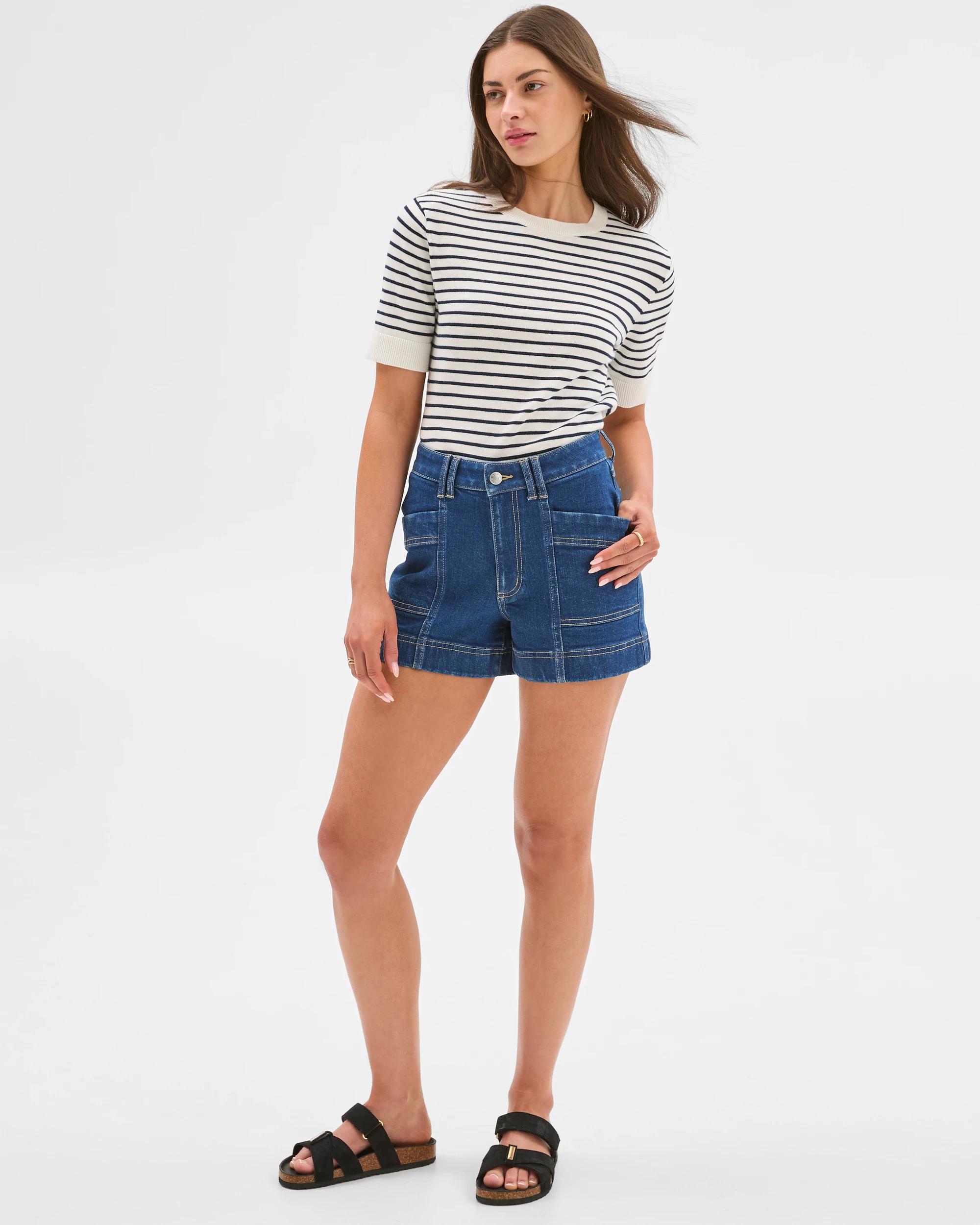 4 Target Petites Australian Cotton-linen Knit Cropped T-shirt, White/navy Stripe WHITE / NAVY, 4 of 6