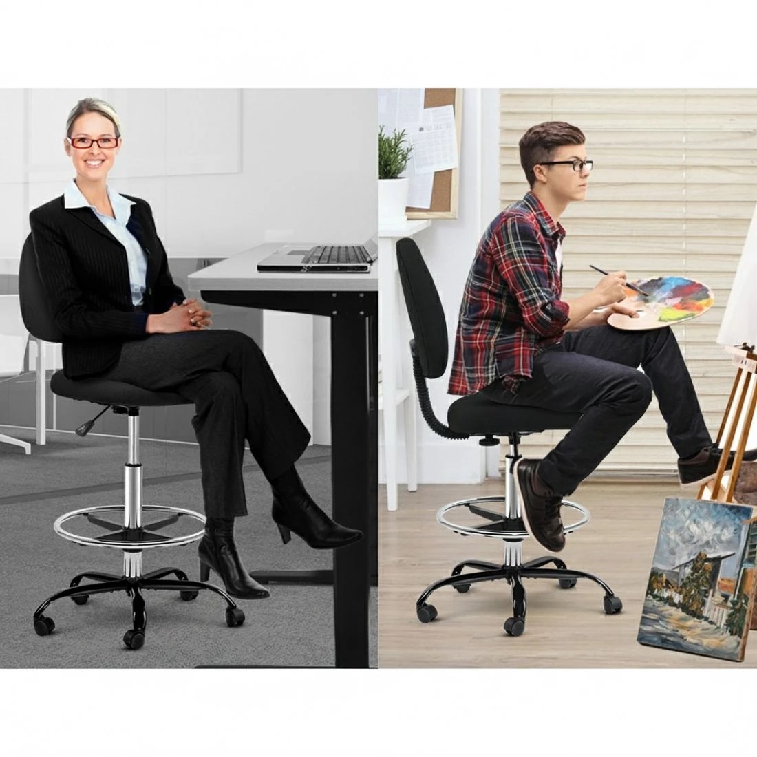 6 Artiss Office Chair Drafting Stool Fabric Chairs - Black, 6 of 6