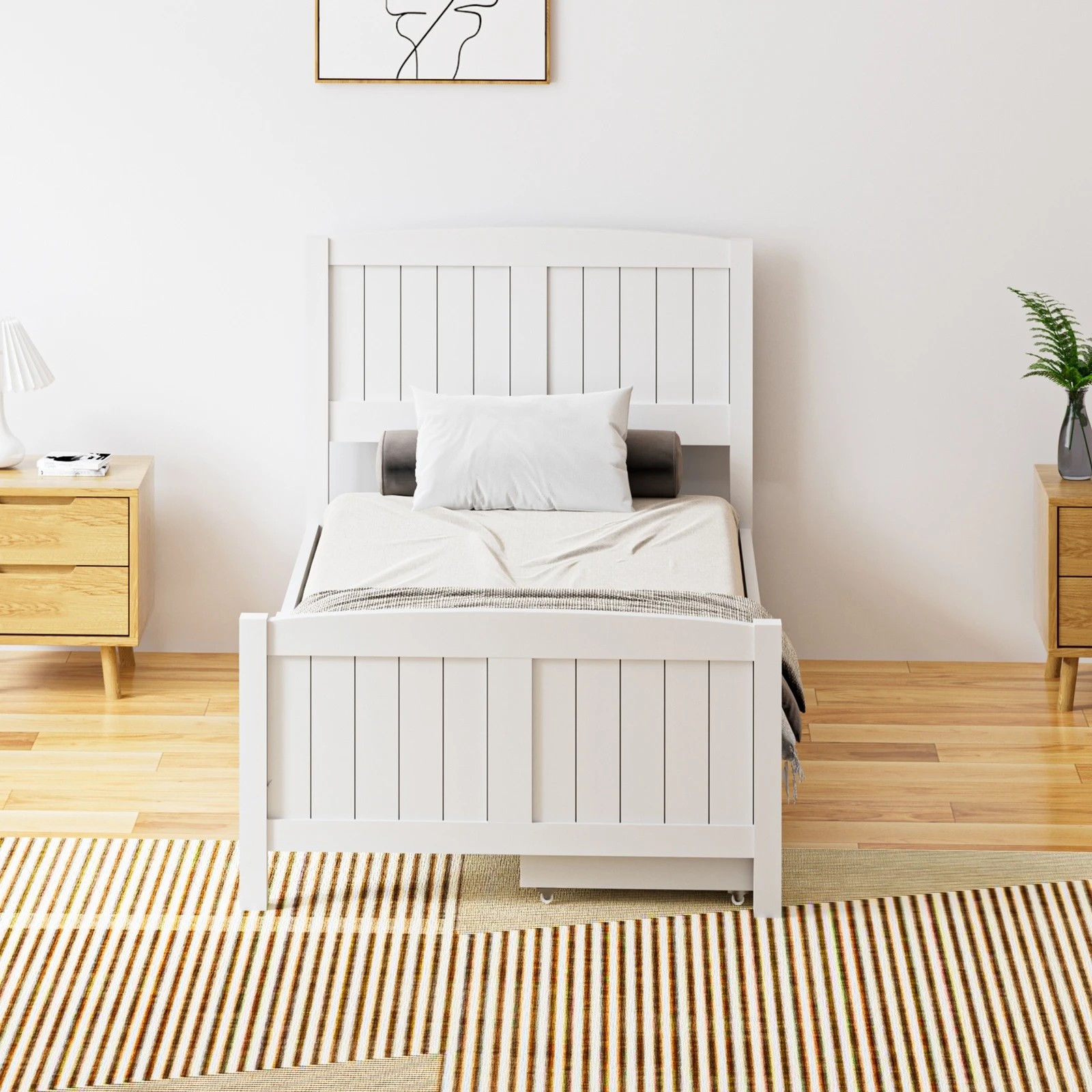7 Oikiture Wooden Bed Frame Single Size Base With Trundle Storage Drawers
 - White, 7 of 8