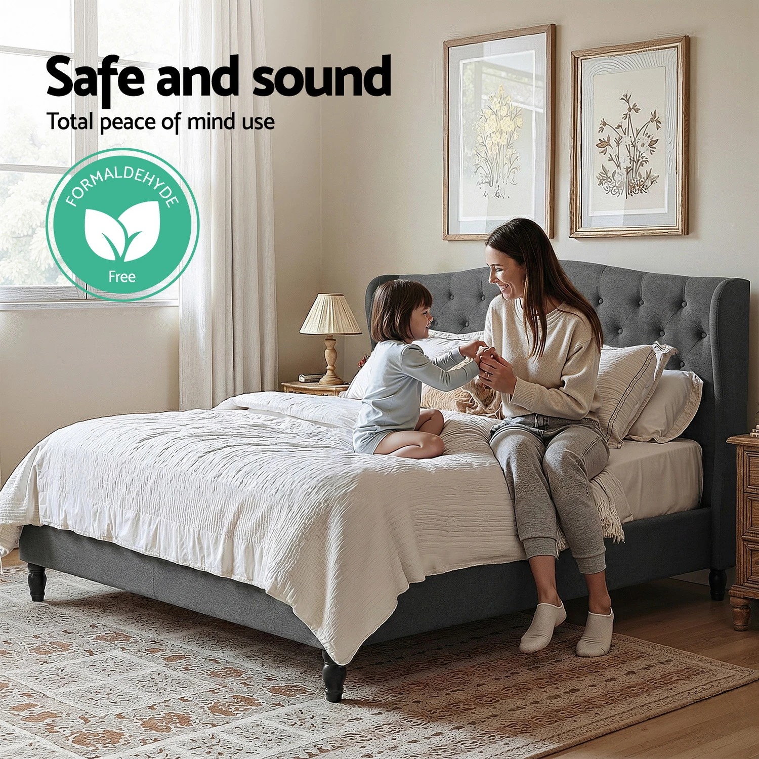 5 Artiss Queen Bed Frame with Wingback Headboard  Linen Upholste Platform Bed Base - Grey, 5 of 6