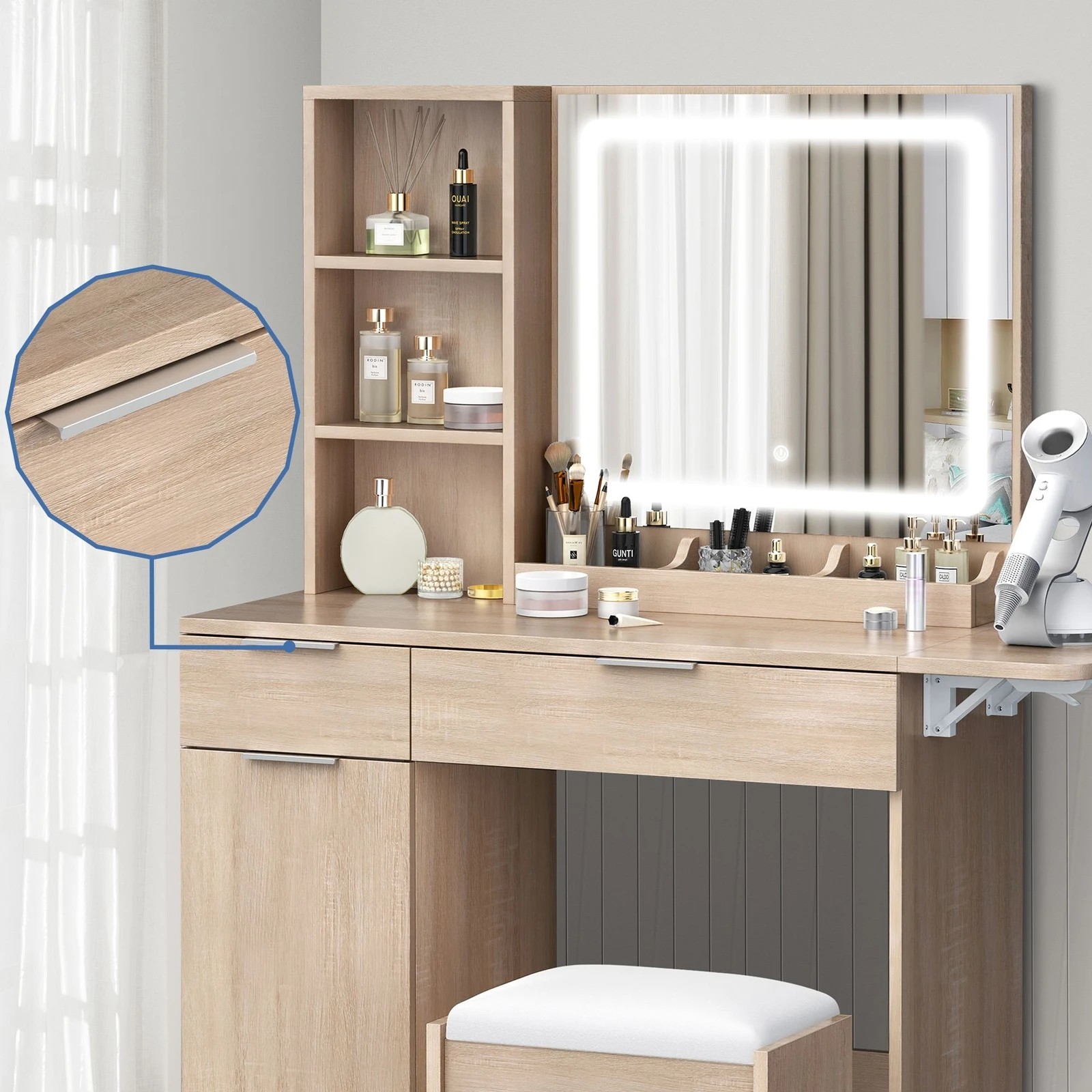 4 Alfordson Dressing Table Stool Set LED Vanity Desk Makeup Mirror Drawers - Wood, 4 of 10