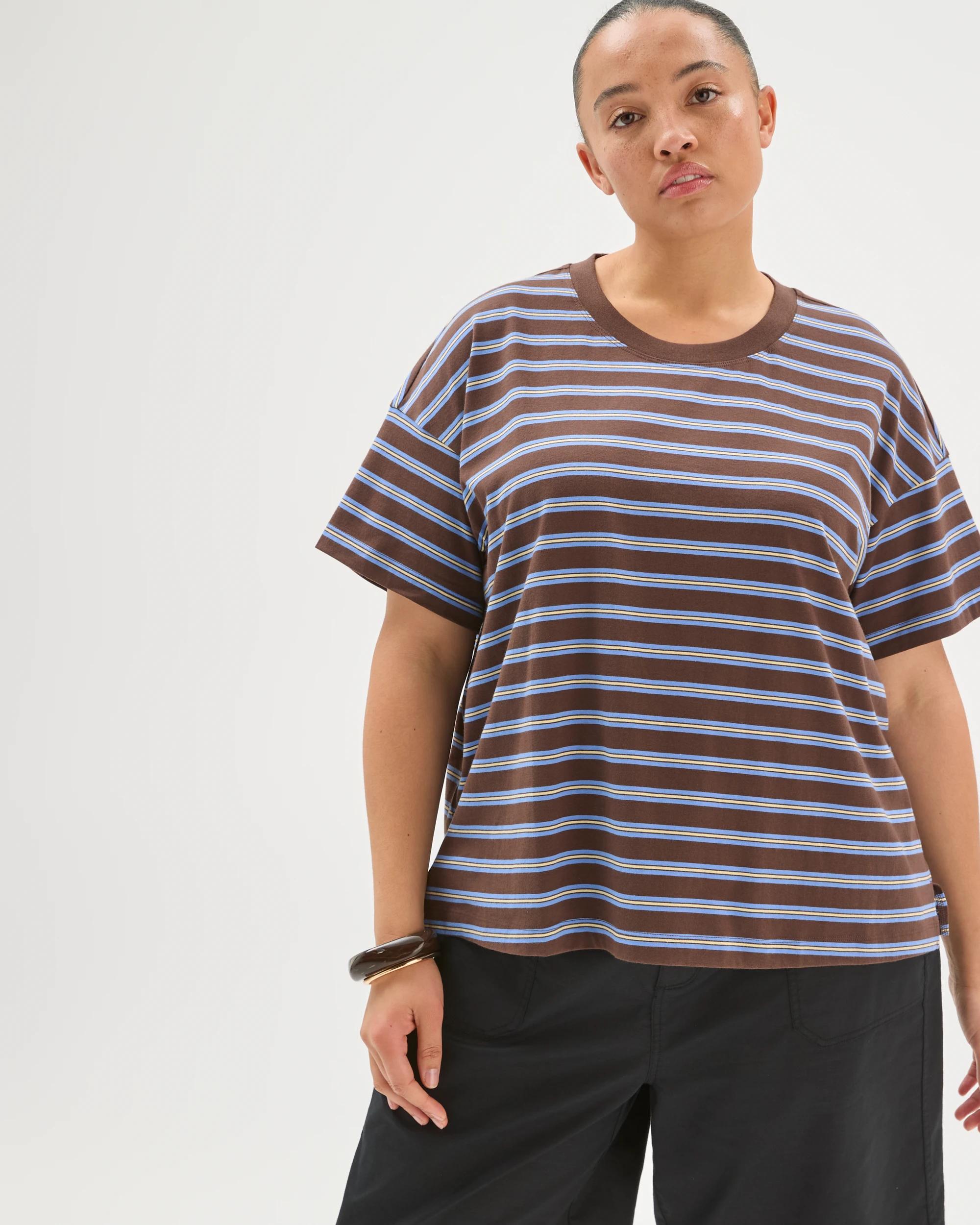 1 Target Curve Plus Size Australian Cotton Short Sleeve Boxy Fit T-Shirt BRUNETTE BLUE STRIPE, 1 of 7