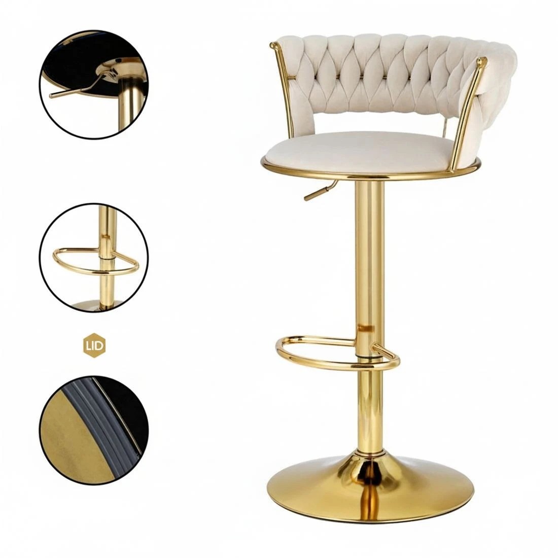 6 Artiss 2x Bar Stools Gas Lift Velvet Woven Backrest Ivory - Beige, 6 of 6