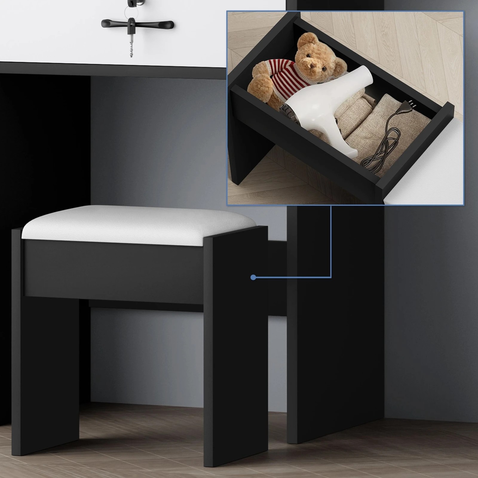 7 Alfordson Dressing Table Stool Set Makeup Mirror Vanity Desk Drawers - Black White, 7 of 10