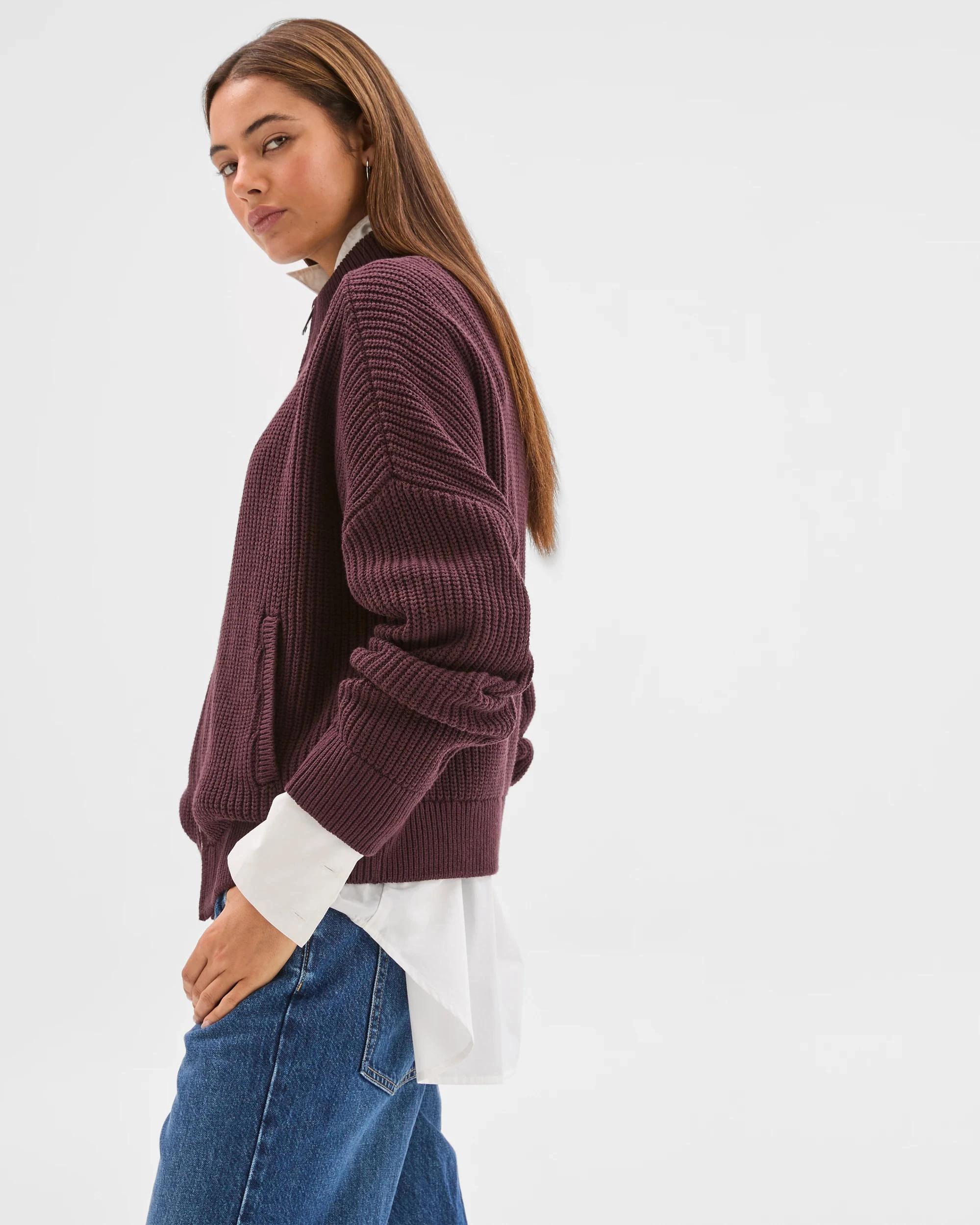 7 Lily Loves Australian Cotton Blend Zip Through Rib Cardigan FUDGE, 7 of 8