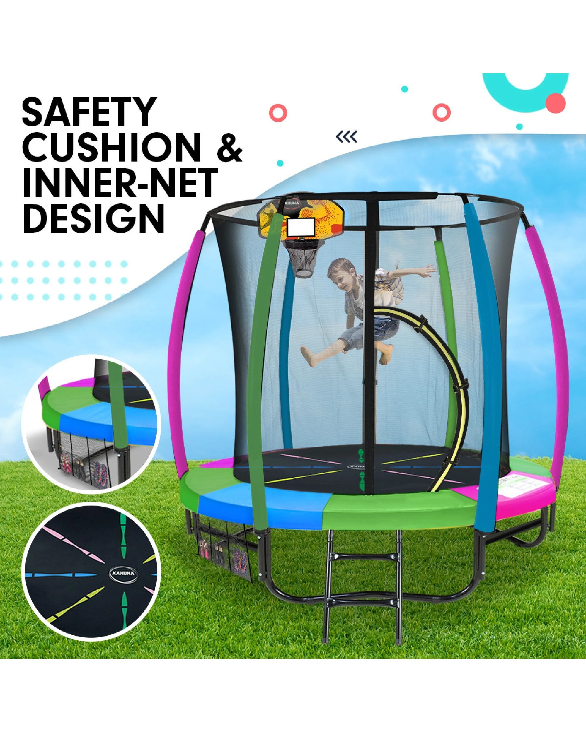 5 Kahuna Trampoline 6 ft with Basketball Set - Rainbow - Pattern, 5 of 7