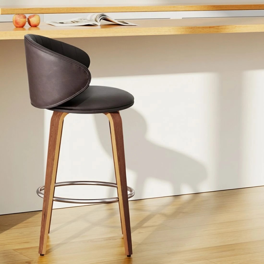 4 2x Artiss Bar Stools Dining Chairs Contou Leather Wood Stool - Brown, 4 of 5