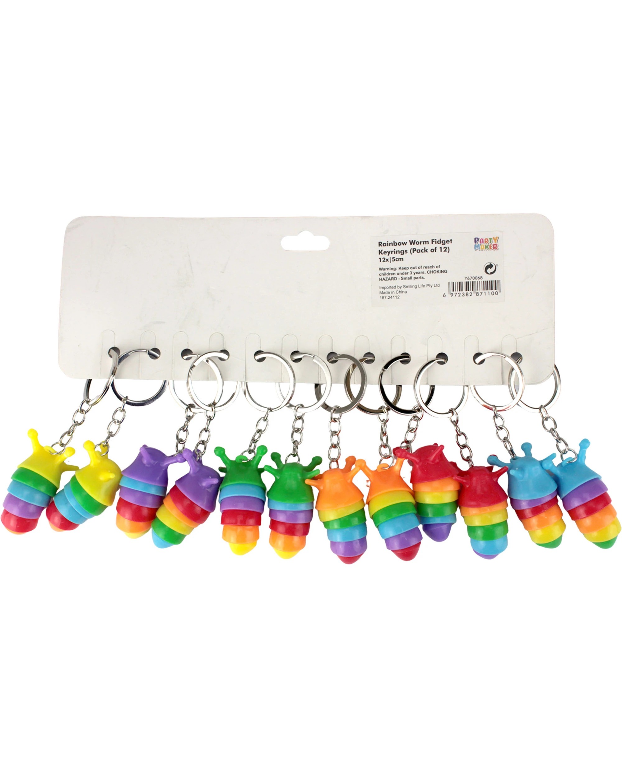 4 Party Maker Rainbow Worm Fidget Keyrings Pack of 12 - Multi, 4 of 4