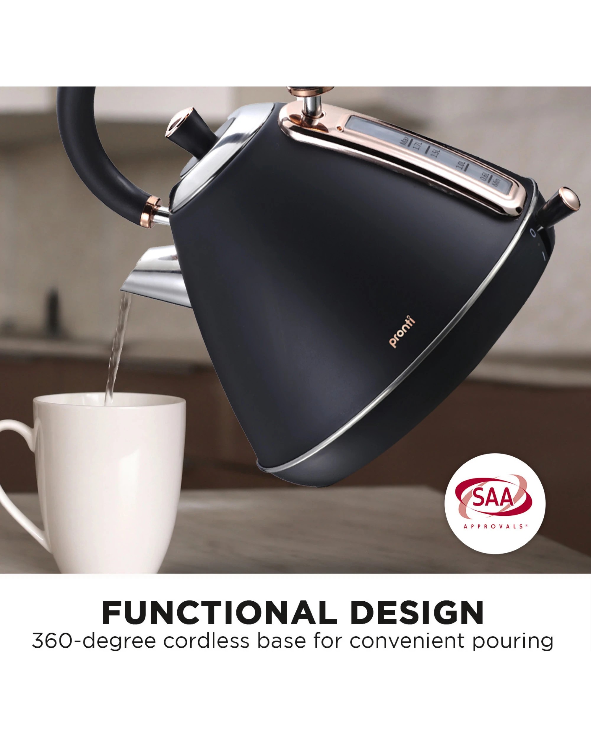 8 Pronti 1.7l Rose Trim Collection Kettle - Black, 8 of 10