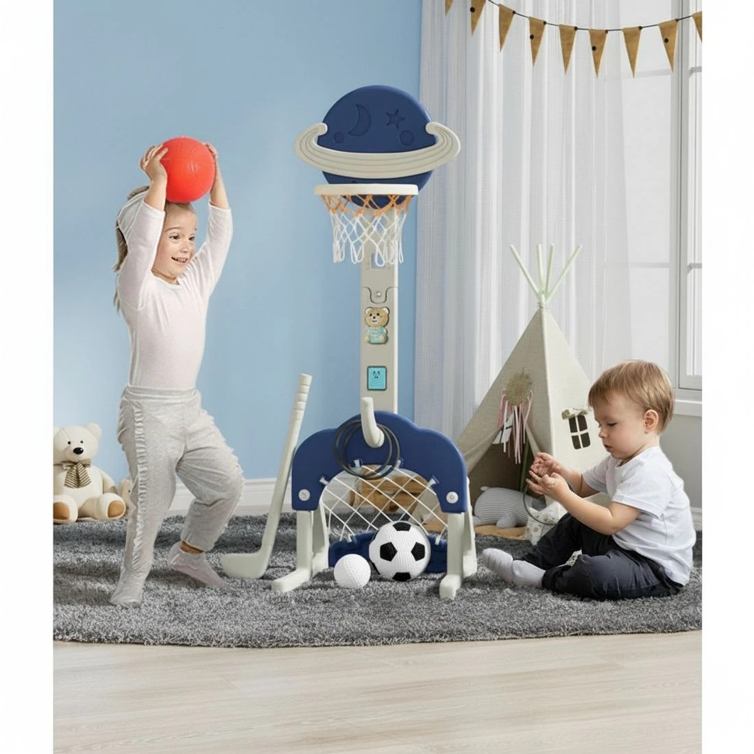5 Keezi Kids Basketball Hoop Stand Adjustable 6-in-1 Sports Center Toys Set - Blue, 5 of 8