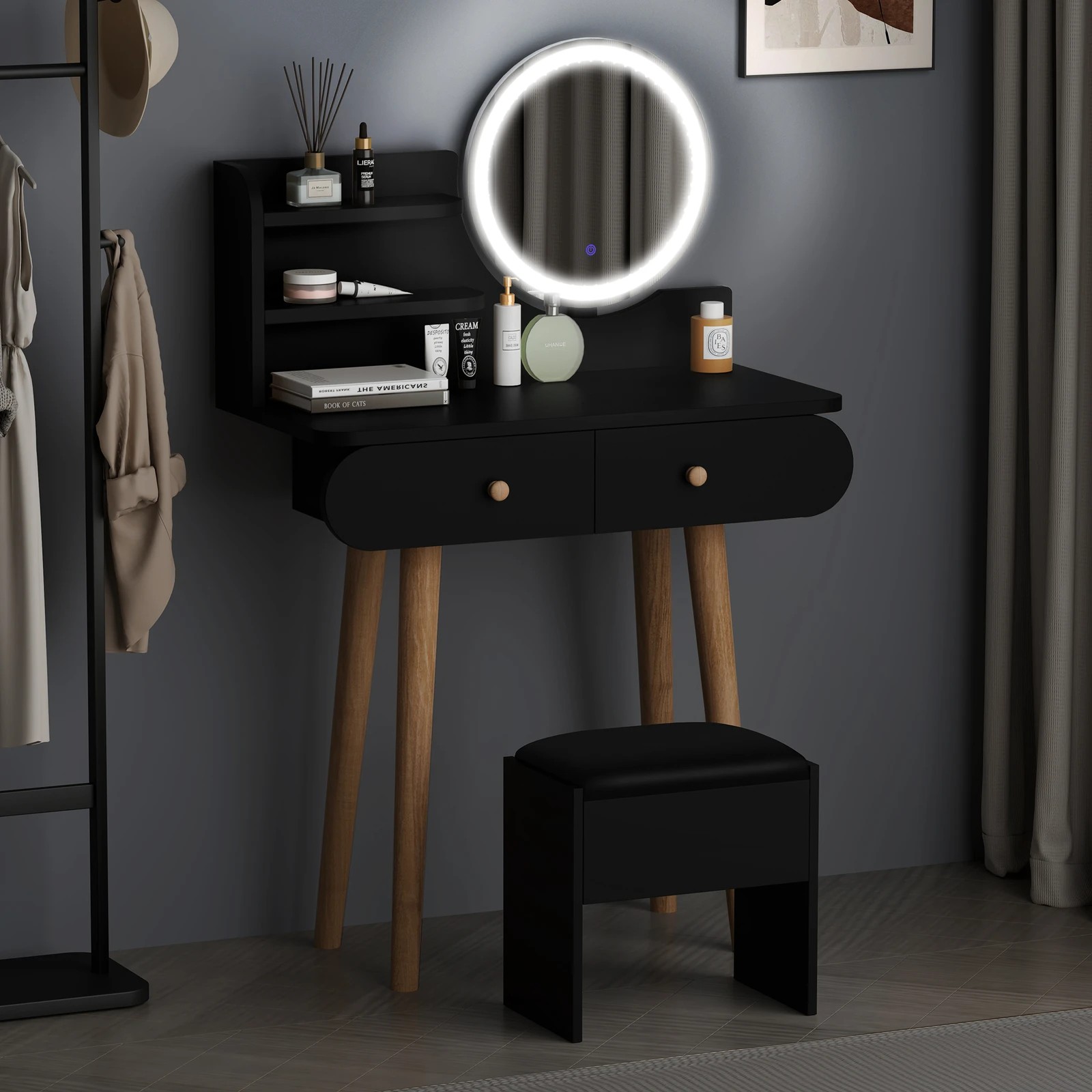 9 Alfordson Dressing Table Stool Set Makeup Mirror Vanity LED Light - Black, 9 of 10