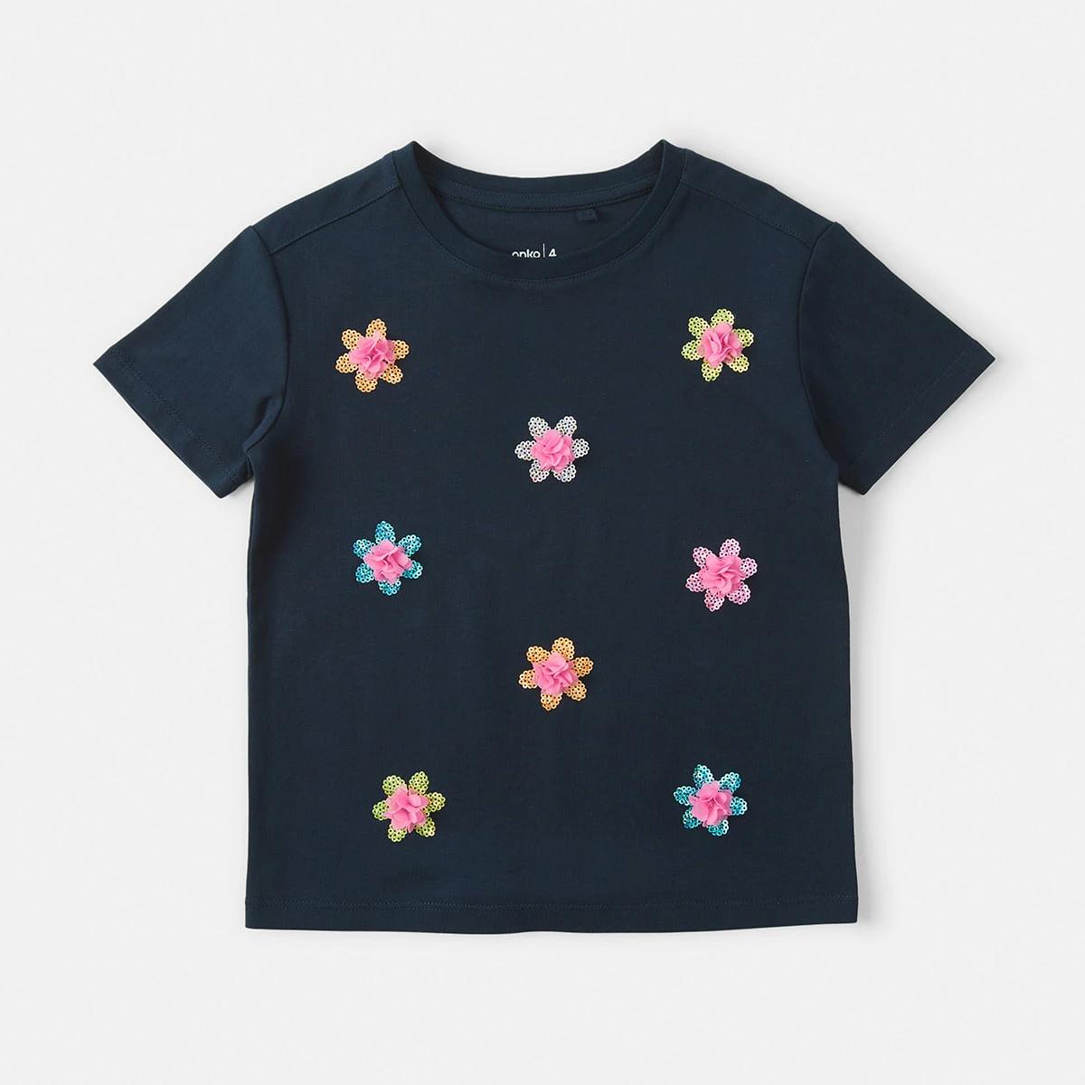 7 Short Sleeve Sequin T-shirt Navy Flwer, 7 of 8