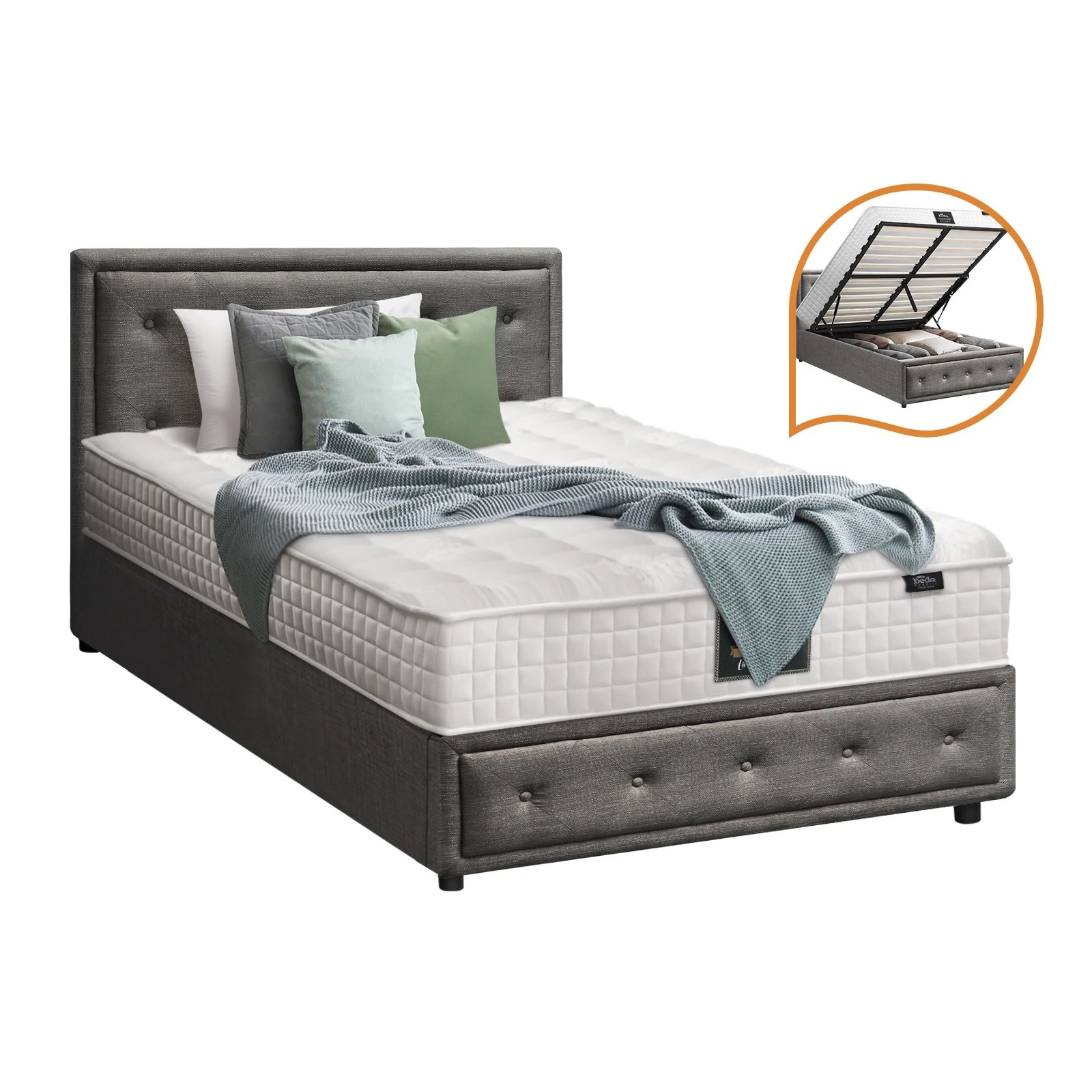 1 Oikiture Bed Frame King Single Gas Lift Storage with Mattress ENZO - Grey, 1 of 8