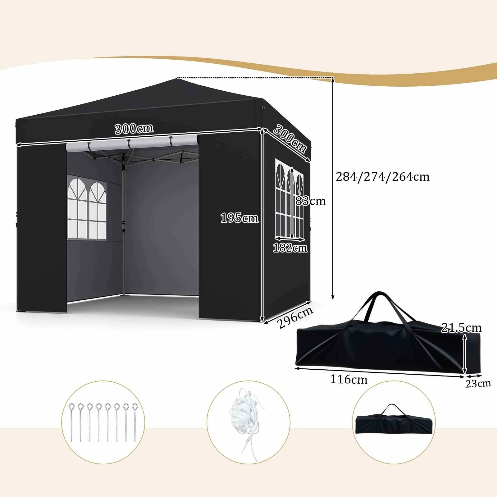 2 Costway 3x3M Pop Up Canopy Tent 4Sidewall Waterproof Shelter Adjustable Commercial Gazebo - Black, 2 of 3
