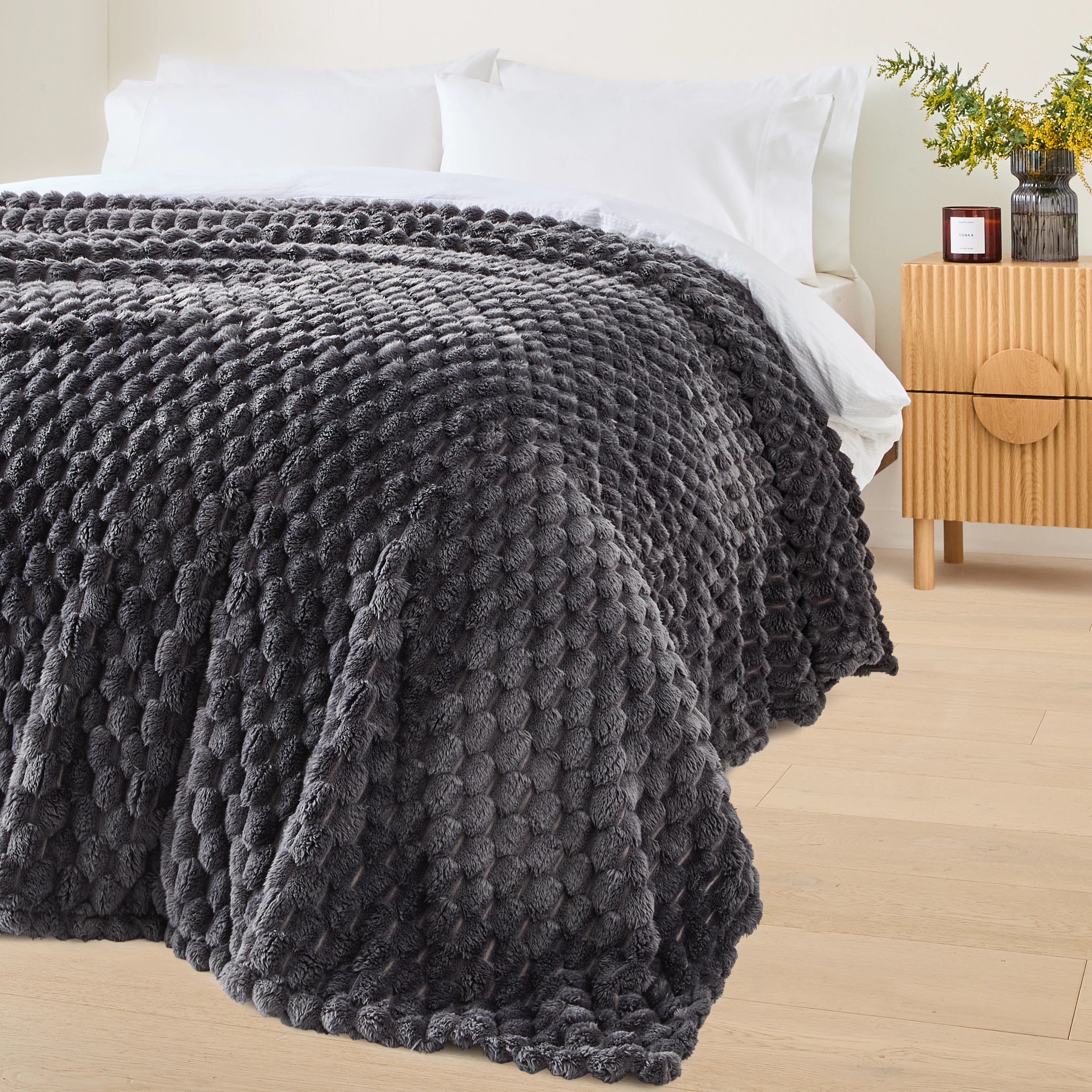 2 Plush Jacquard Blanket - Queen/King Bed, Charcoal, 2 of 6