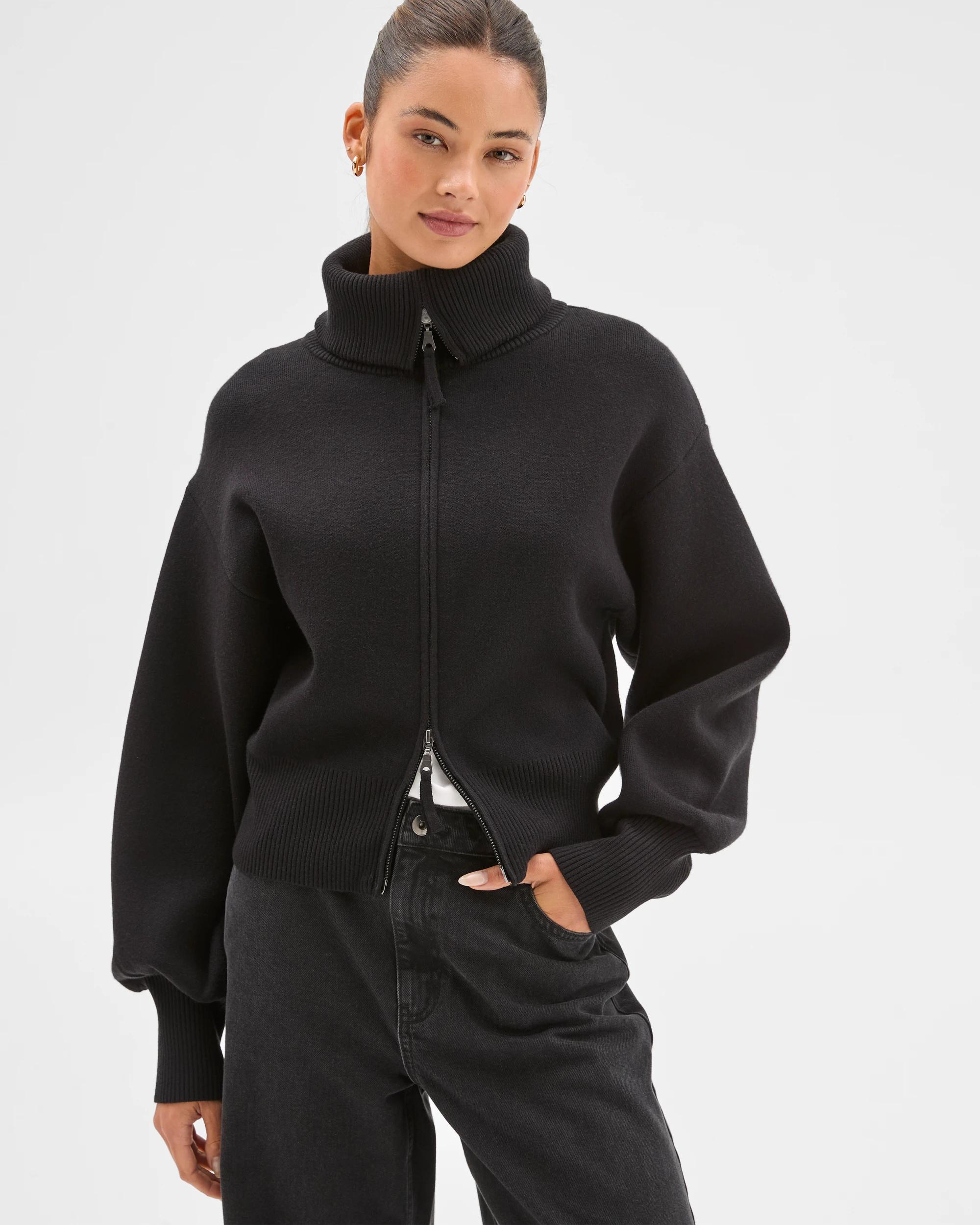 1 Lily Loves Long Cocoon Sleeve Zip Through Cardigan BLACK, 1 of 8