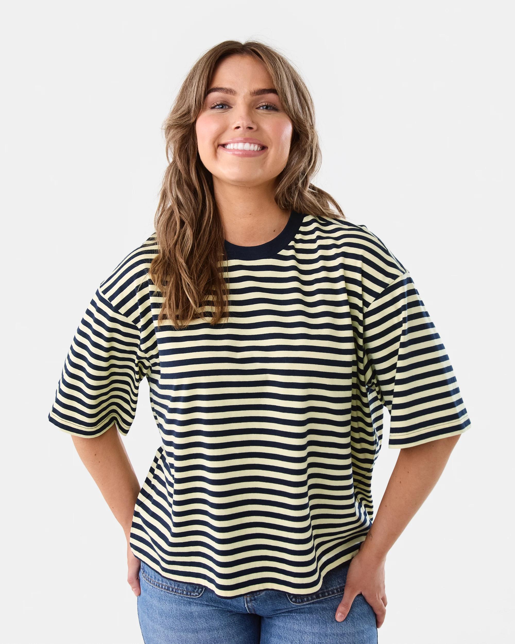1 Short Sleeve Oversized Chopped Stripe T-shirt Navy Strp, 1 of 5
