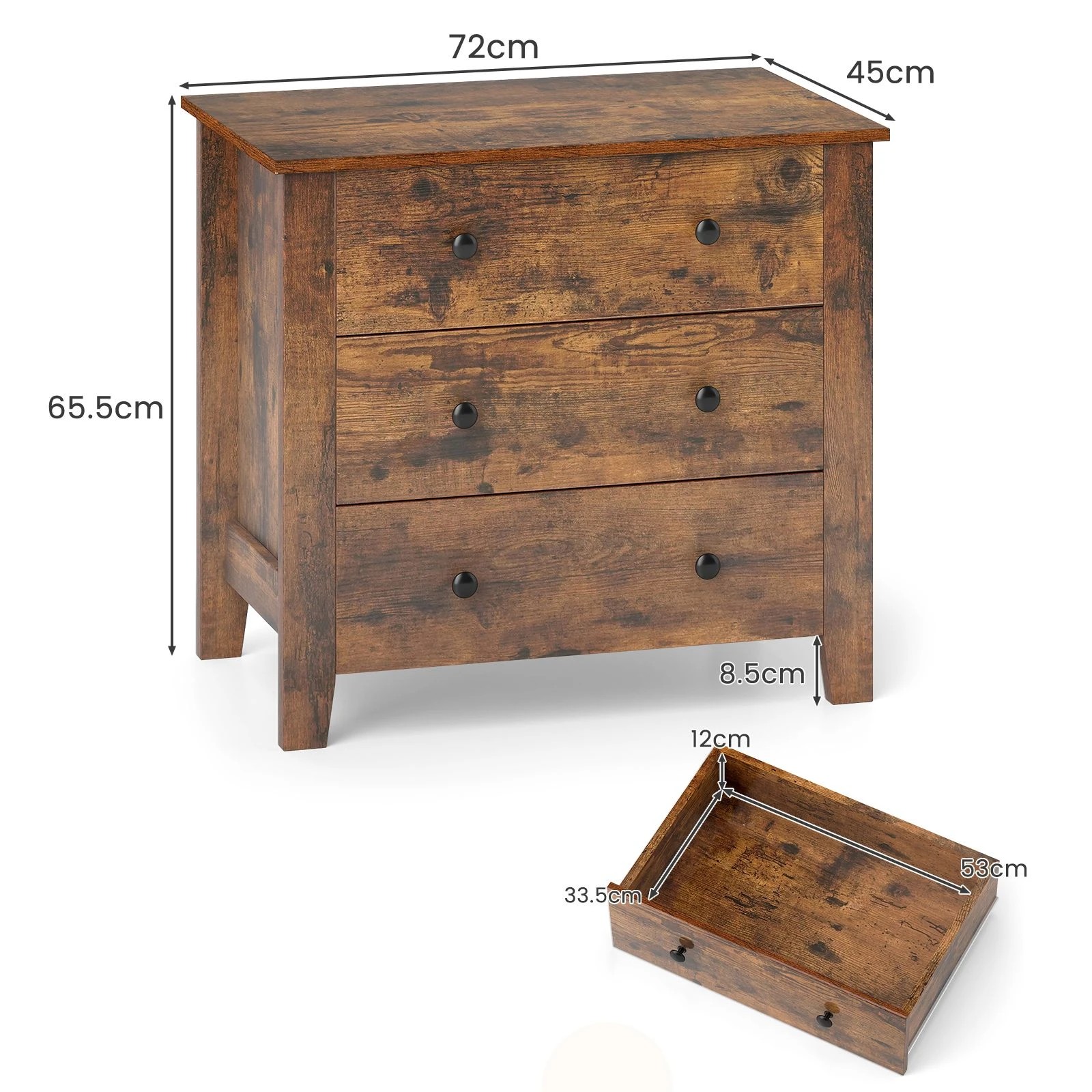 5 Costway 3-Drawer Dresser Chest Nightstand Bedside Storage Cabinet Closet Organiser - Brown, 5 of 6