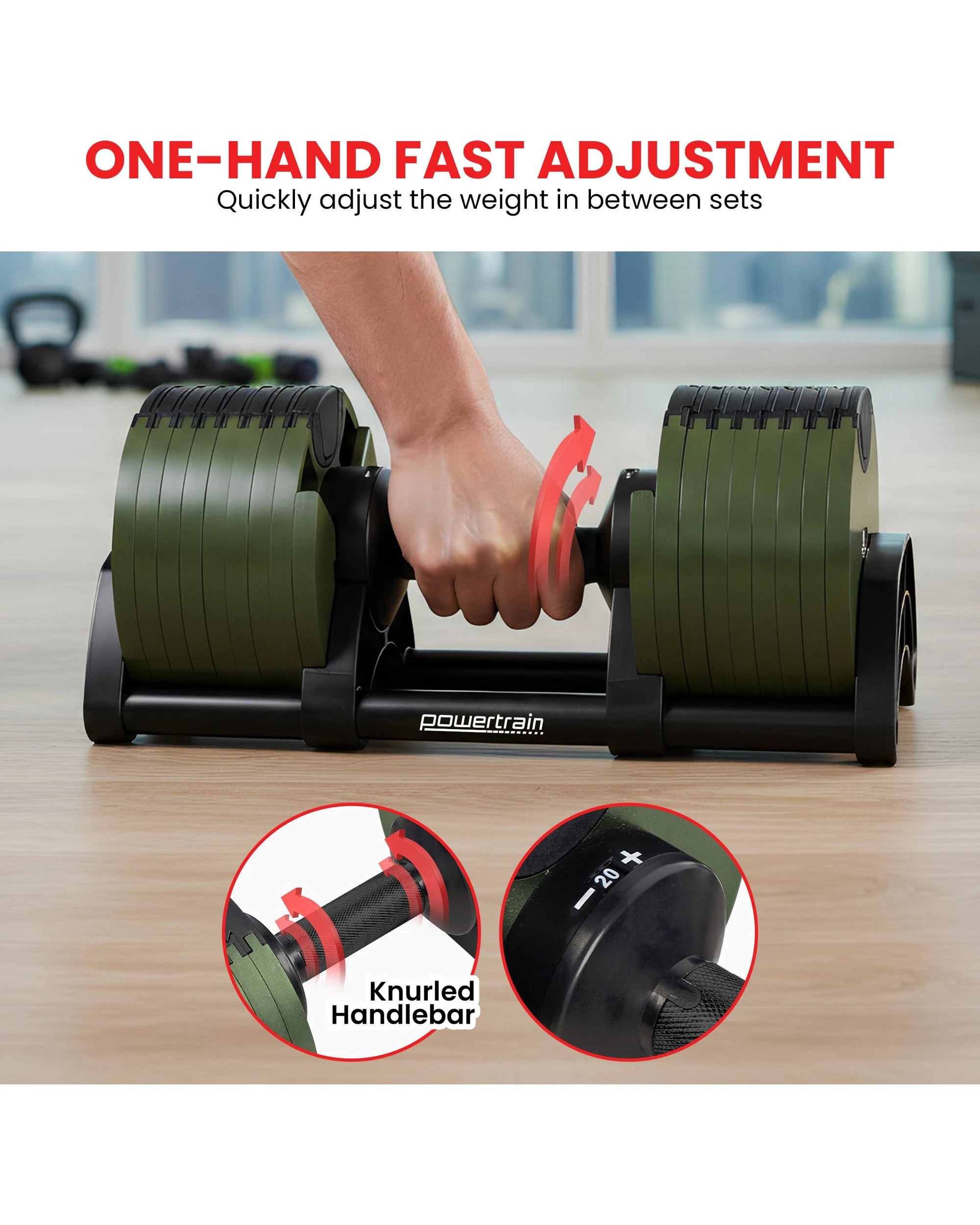 7 Powertrain 45KG Eon Dial Up Adjustable Dumbbell Weight Plates Home Gym Workout Exercise - Green, 7 of 9