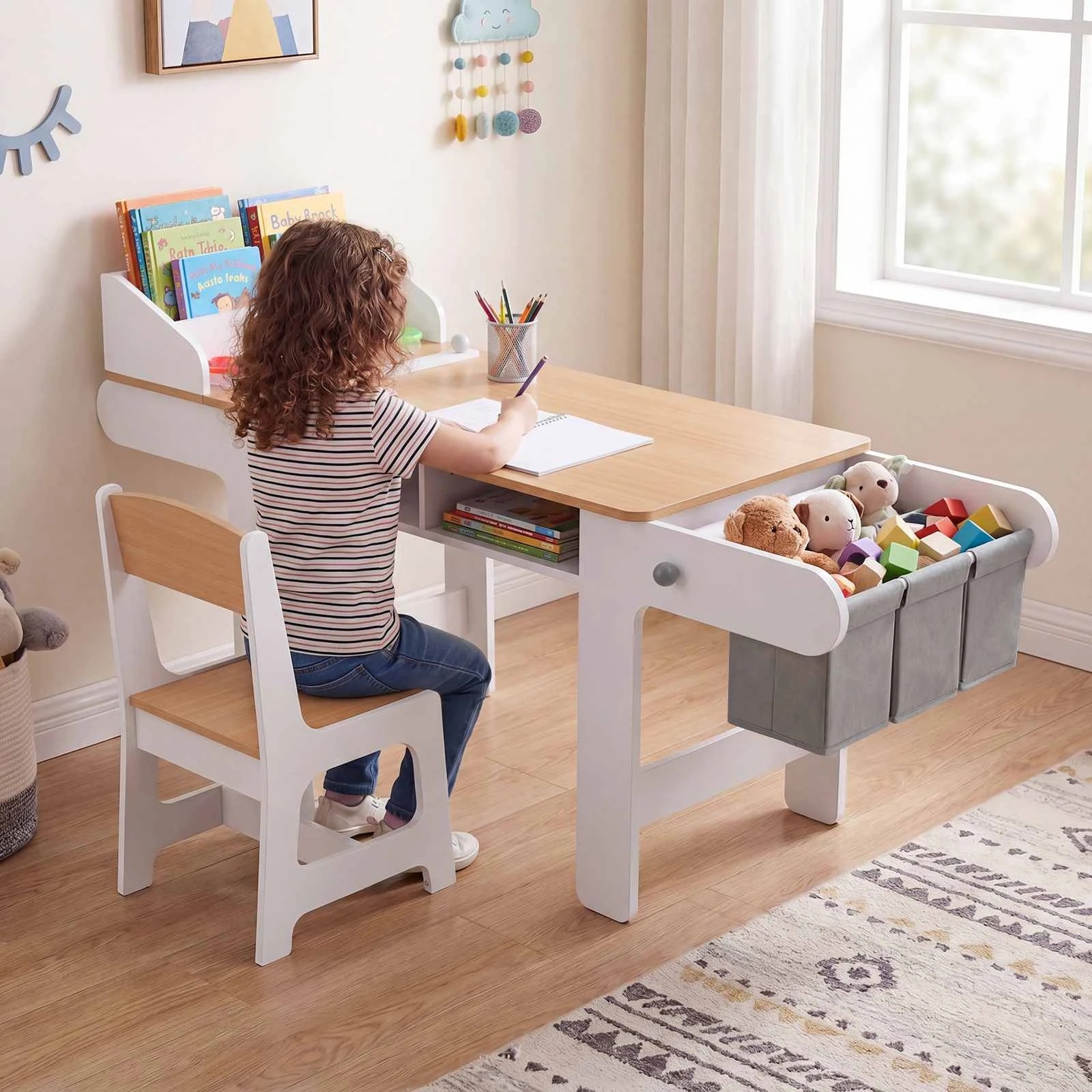 2 Costway Art Table Chair Set Craft Drawing Desk w/Paper Roll 4 Paint Cup - Natural, 2 of 2