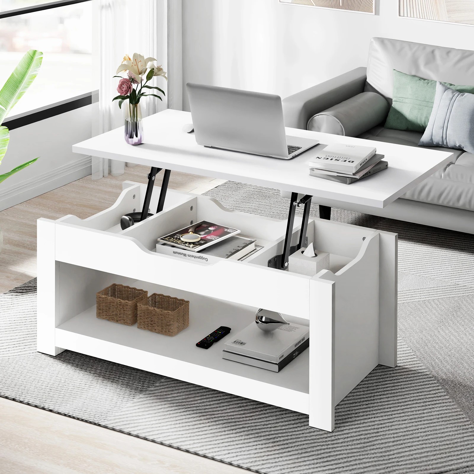 2 Alfordson Coffee Table Lift Up Top Laptop Desk Hidden Storage Shelf - White, 2 of 10