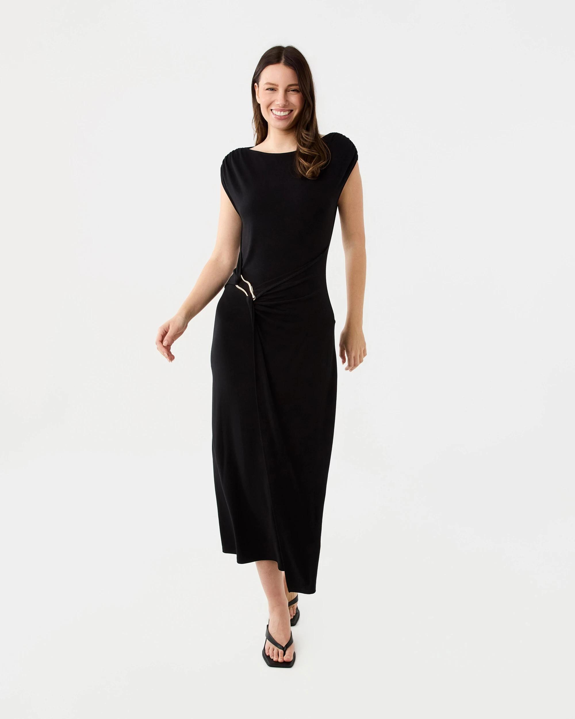 1 Short Sleeve Jersey Gold Detail Midi Dress Black, 1 of 7