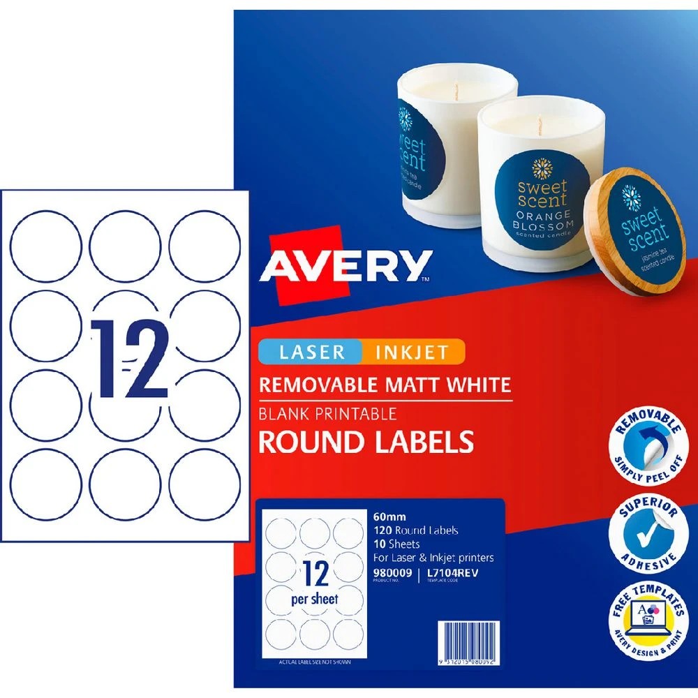 1 Avery 12UP Inkjet Laser Removable Round Labels White 10 Sheet, 1 of 6