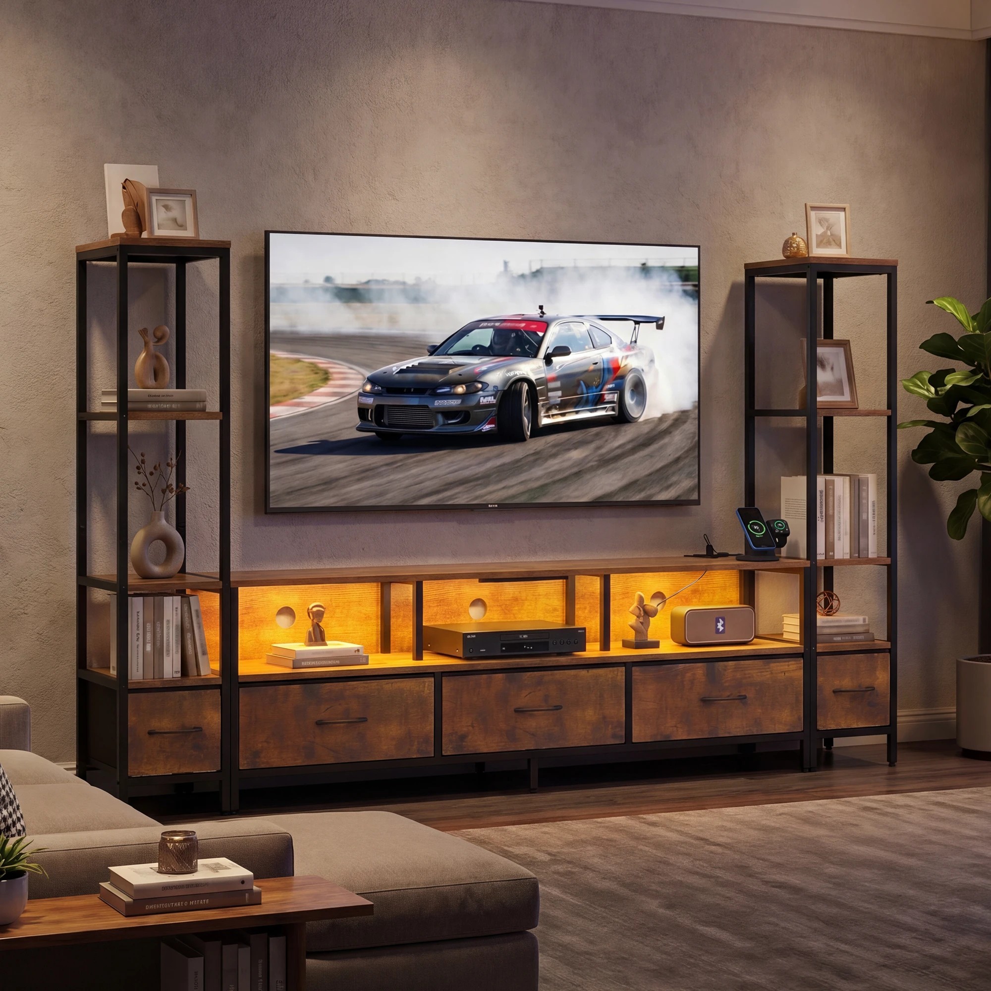 5 Advwin 197cm TV Stand with Bookshelf Entertainment Center with Power Outlet & LED Lights - Brown, 5 of 7