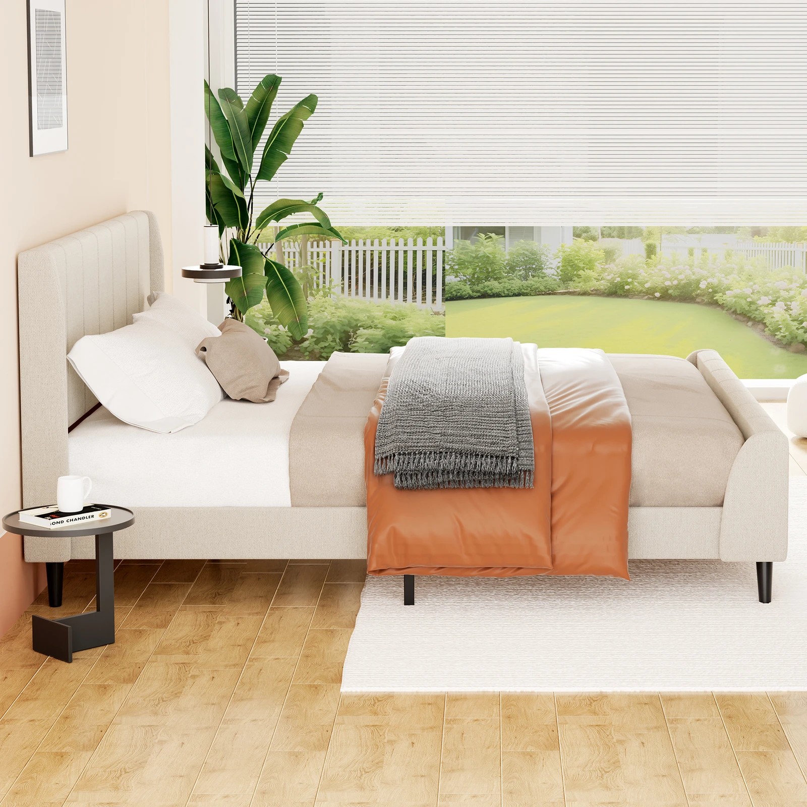 5 Alfordson Bed Frame Queen Size Tufted Headboard Base Beige Fabric Hundolf - Beige, 5 of 10