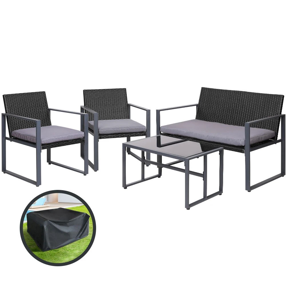 1 Gardeon 4 PCS Outdoor Sofa Set Rattan Furniture with Storage Cover Chairs - Black, 1 of 5