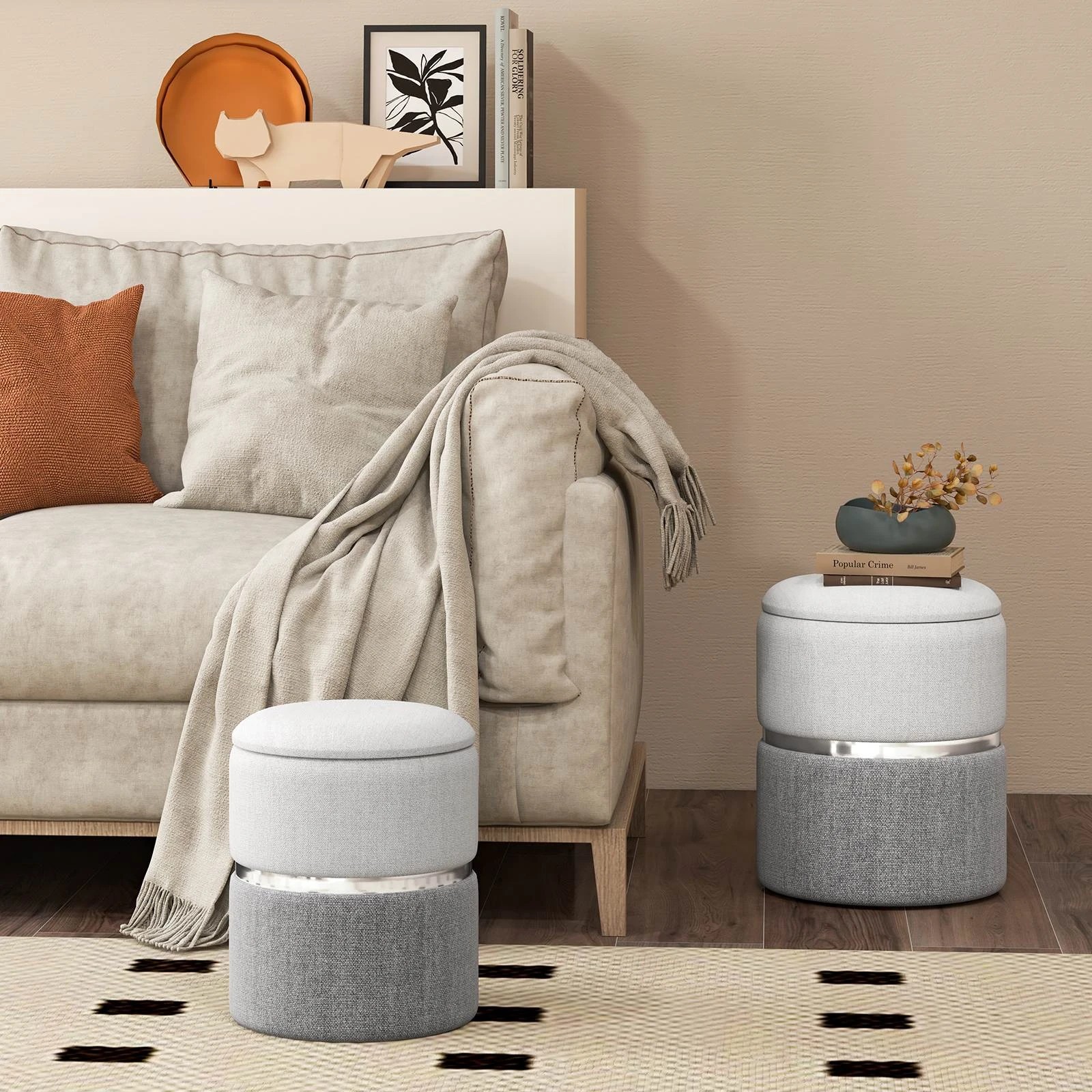 2 Costway 2PCS Round Storage Ottoman Linen Fabric Vanity Stool Upholstered Chair Grey, 2 of 4