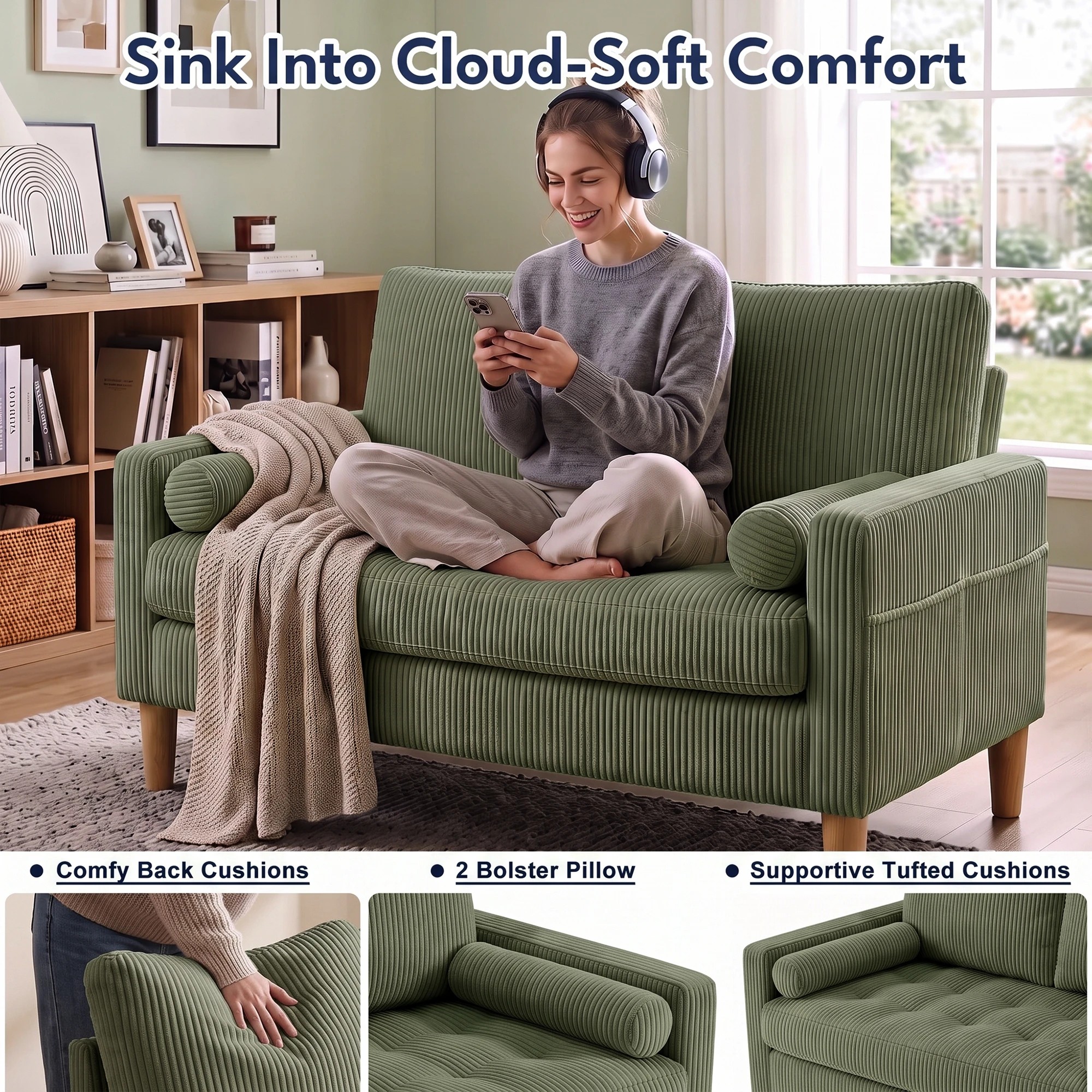4 Advwin 121CM 2 Seater Loveseat Sofa Compact Corduroy Couch with Tufted Seat Cushion and Side Storage Pockets - Green, 4 of 8