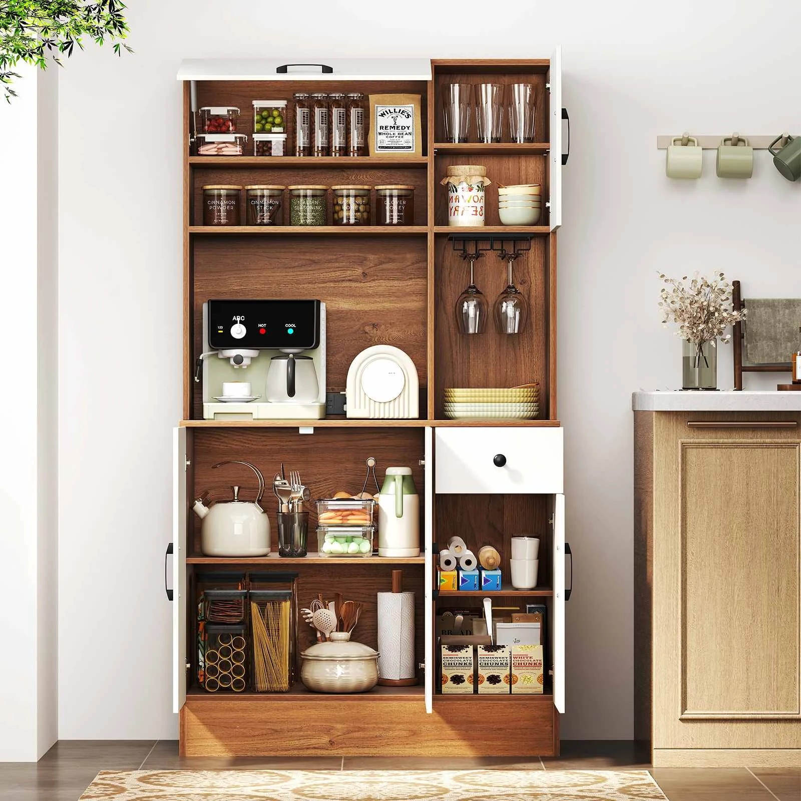 1 Costway 167cm Pantry Cupboard Buffet Sideboard w/Power Outlet - Natural, 1 of 2
