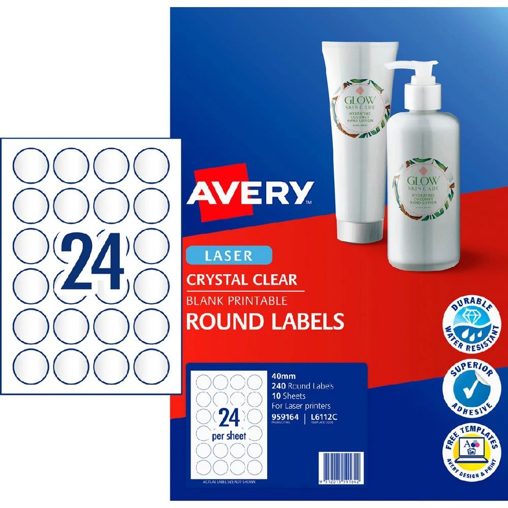 1 Avery 24UP Laser Crystal Clear Round 40mm Labels 10 Sheets, 1 of 4