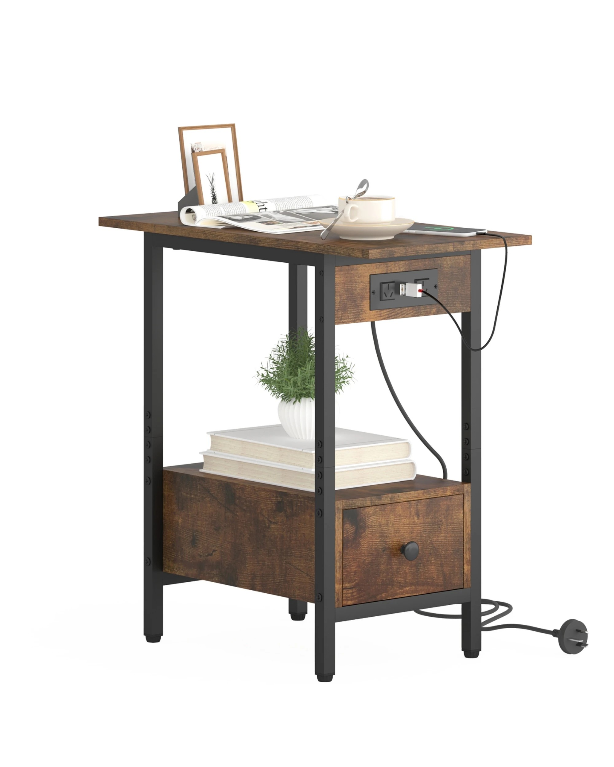5 Ufurniture 2PCS Side Table with Charging Station - Brown, 5 of 7