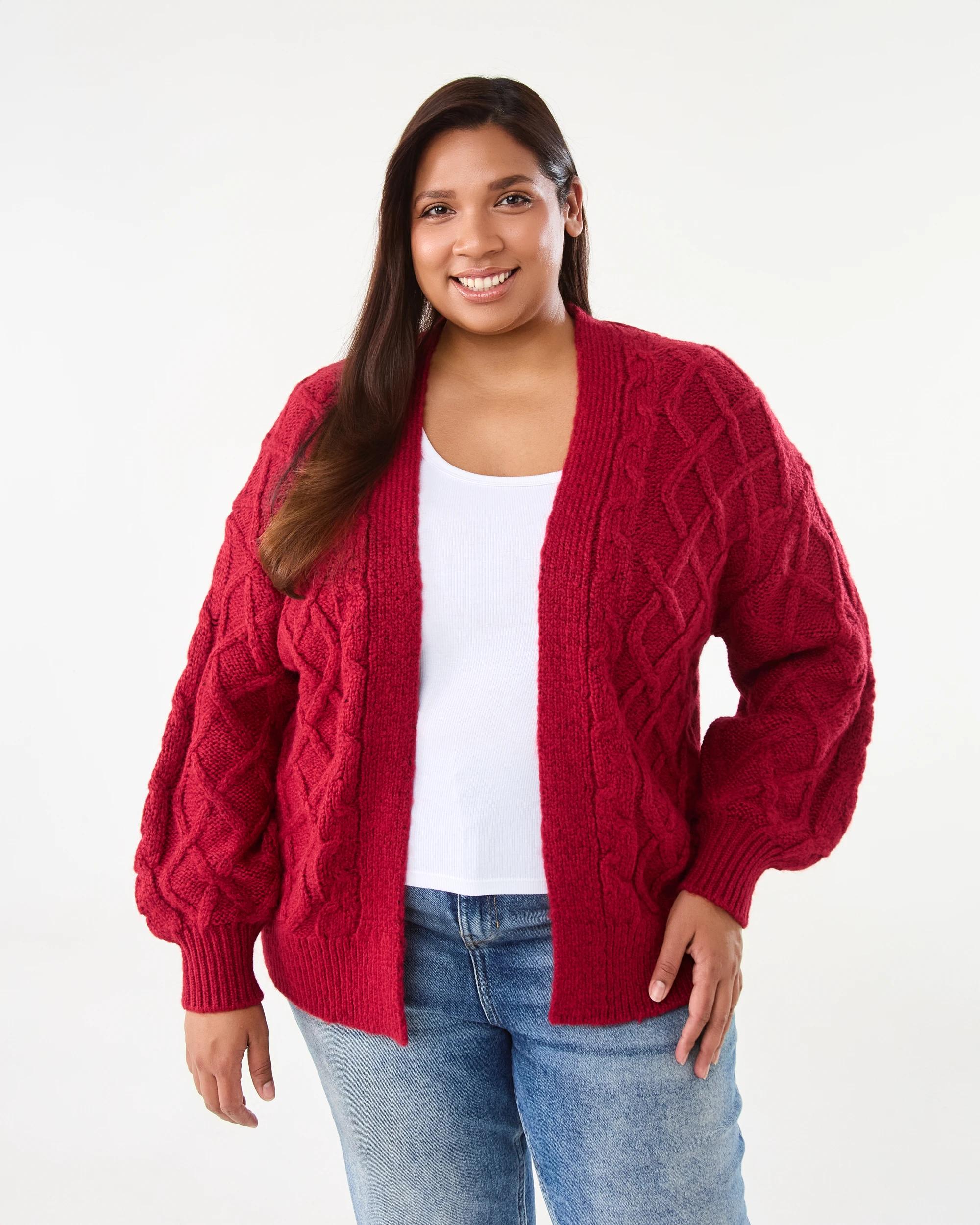 1 Curve Cable Knit Cardigan Spice Red, 1 of 8