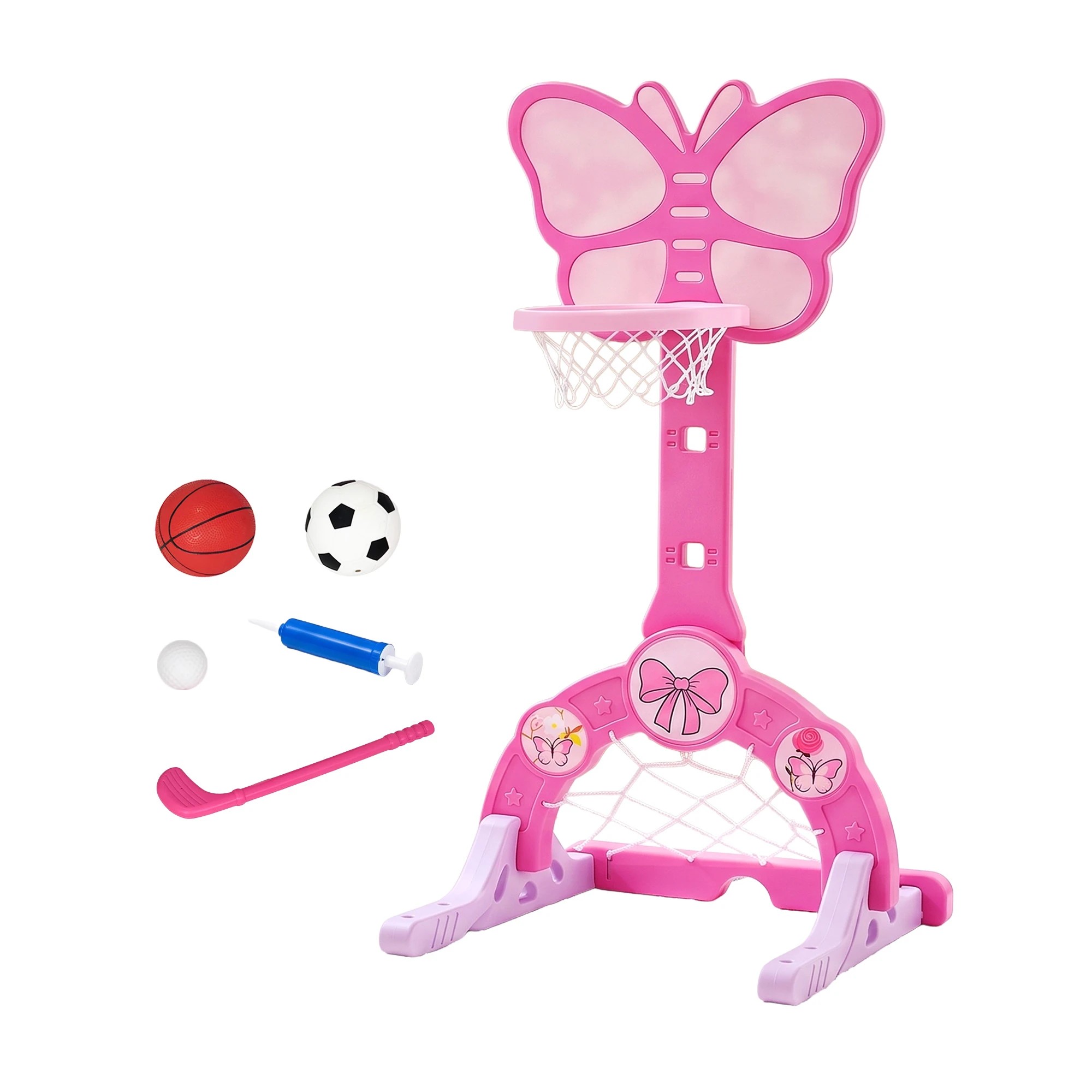1 Keezi 3-in-1 Kids Basketball Hoop Soccer Goal Golf Game Set with Balls Children Sports Center Butterfly - Pink, 1 of 8