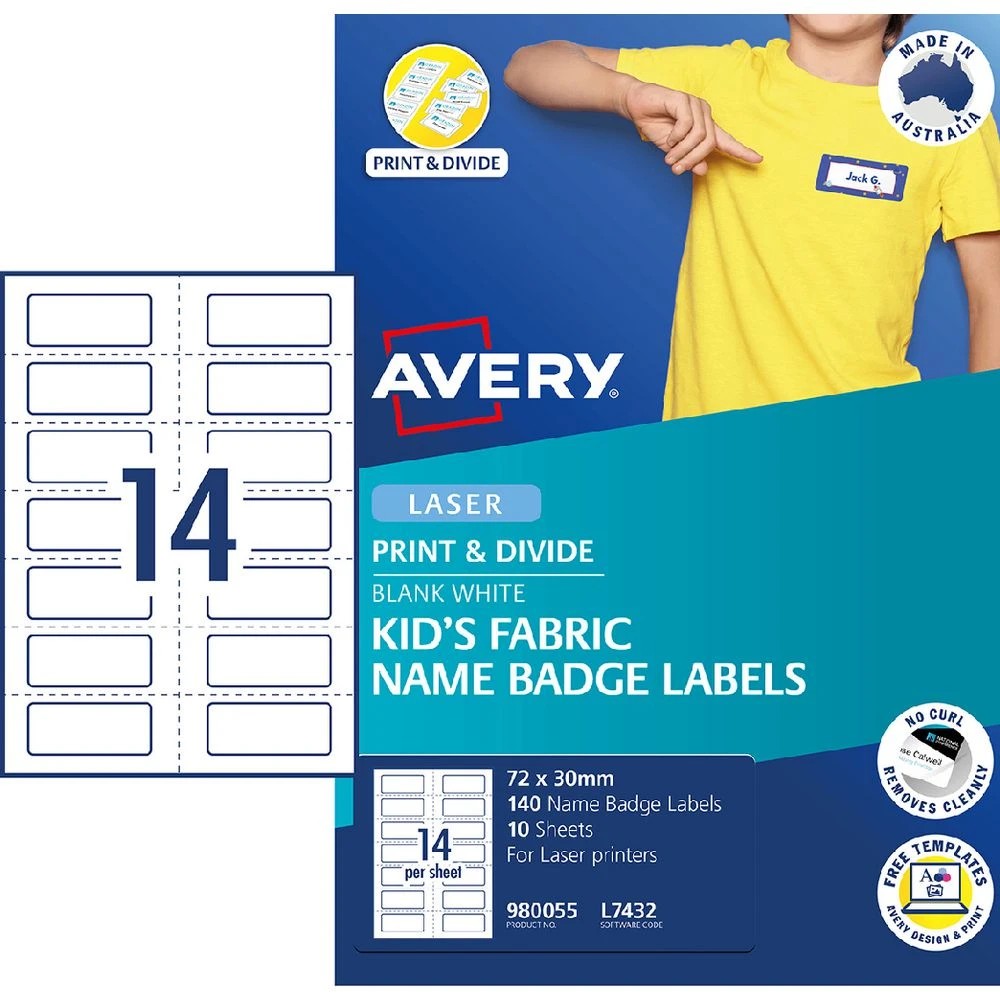 2 Avery 14UP Kids Fabric Name Badge Labels White 10 Sheets, 2 of 4