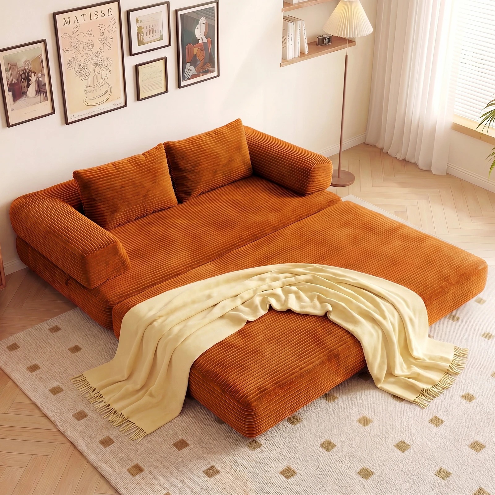 4 Advwin Folding Sofa Bed 5 in 1 Convertible Floor Loveseat Fold Out Corduroy Sleeper Couch- Orange, 4 of 7